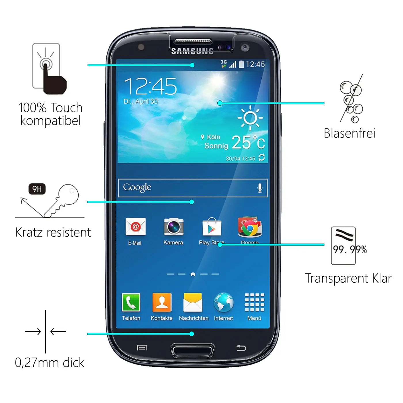 Schwarzes Samsung Galaxy S3/S3 Neo Smartphone, Frontansicht, mit Panzerglas-Displayschutz und Produktmerkmalen.