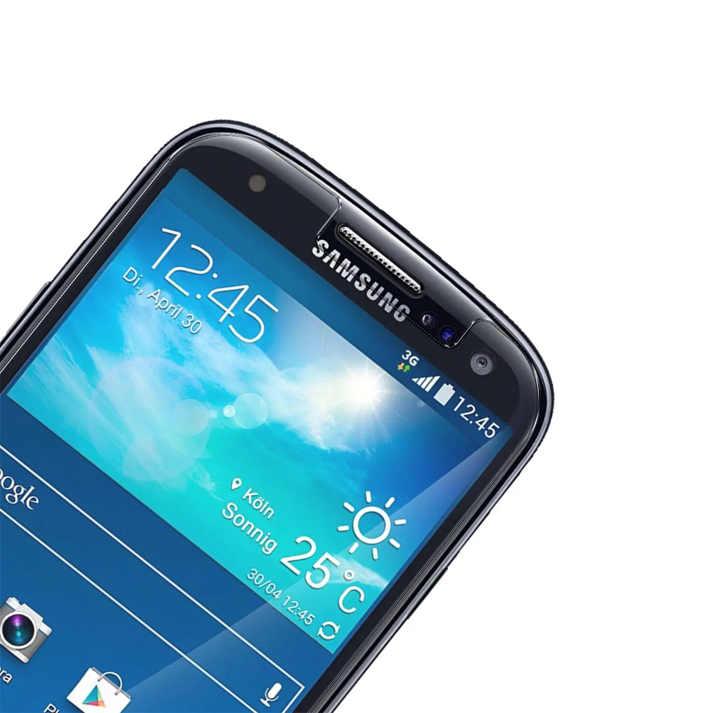 Schwarzes Samsung Galaxy S3/S3 Neo Smartphone, obere Hälfte des Displays schräg von vorne, weißer Hintergrund.