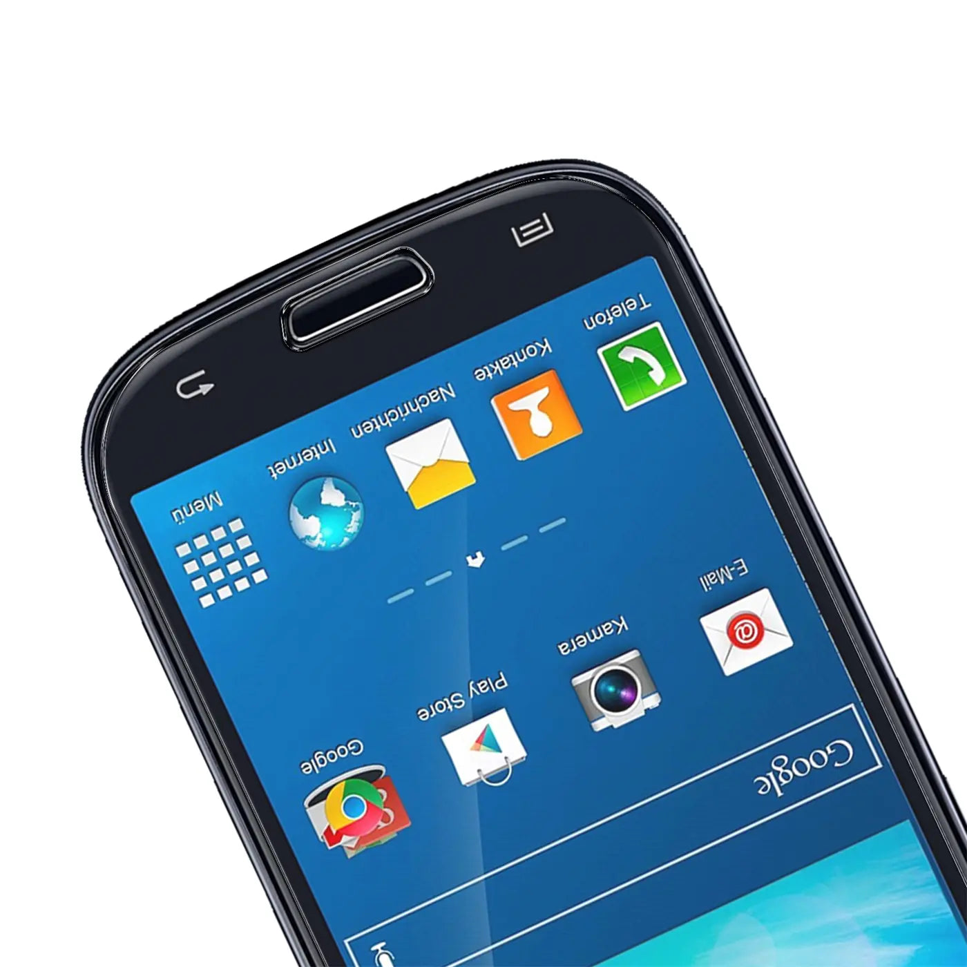 Schwarzes Samsung Galaxy S3/S3 Neo Smartphone, Display mit blauer Oberfläche und App-Icons, schräg von oben.