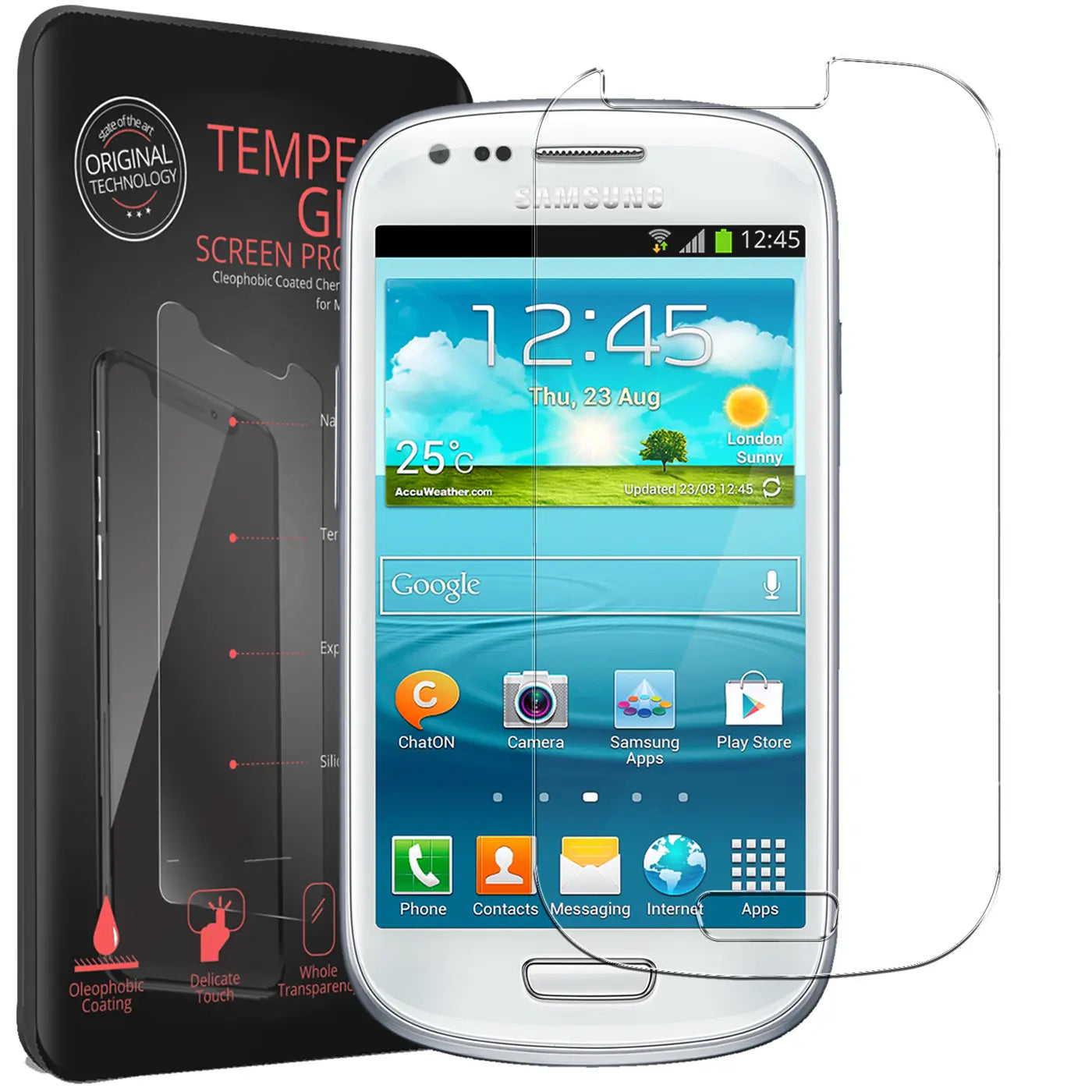 Weißes Samsung Galaxy S3 Mini mit aufgelegtem, transparentem Panzerglas-Displayschutz und schwarzer Verpackung.