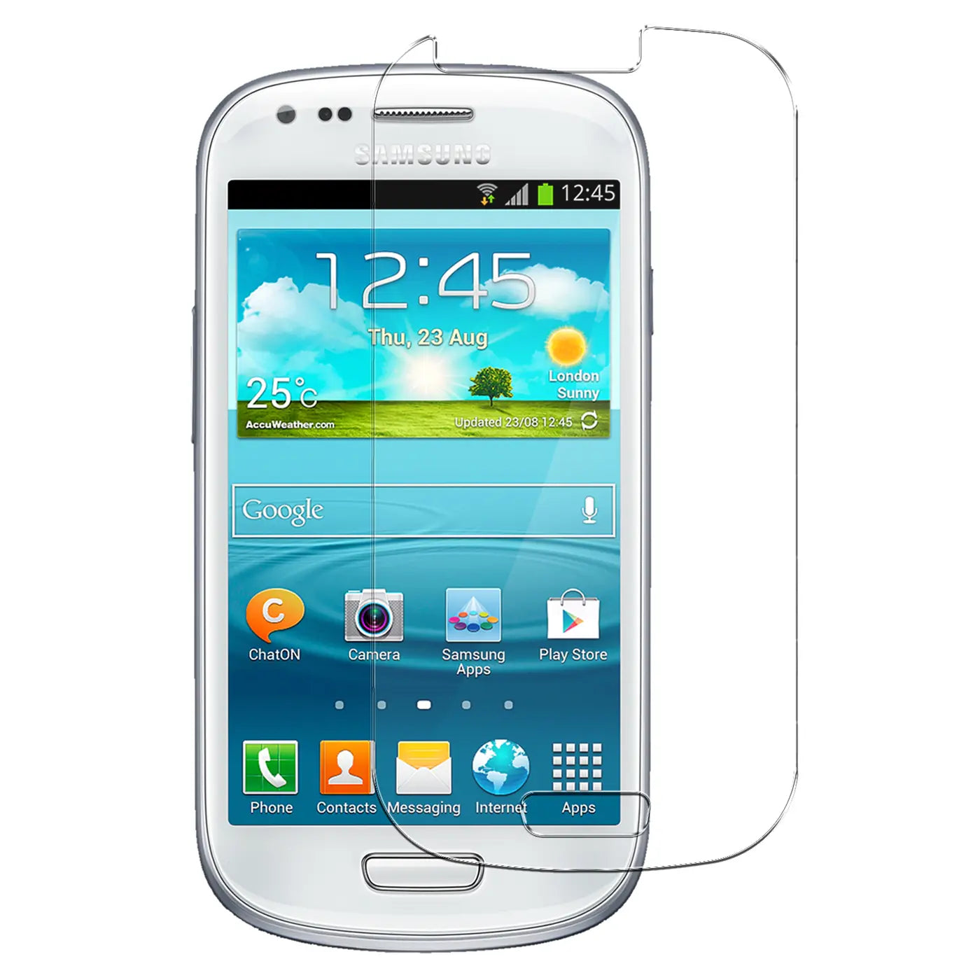 Weißes Samsung Galaxy S3 Mini von vorne, mit einem transparenten Panzerglas-Displayschutz aus Glas, der rechts übersteht.