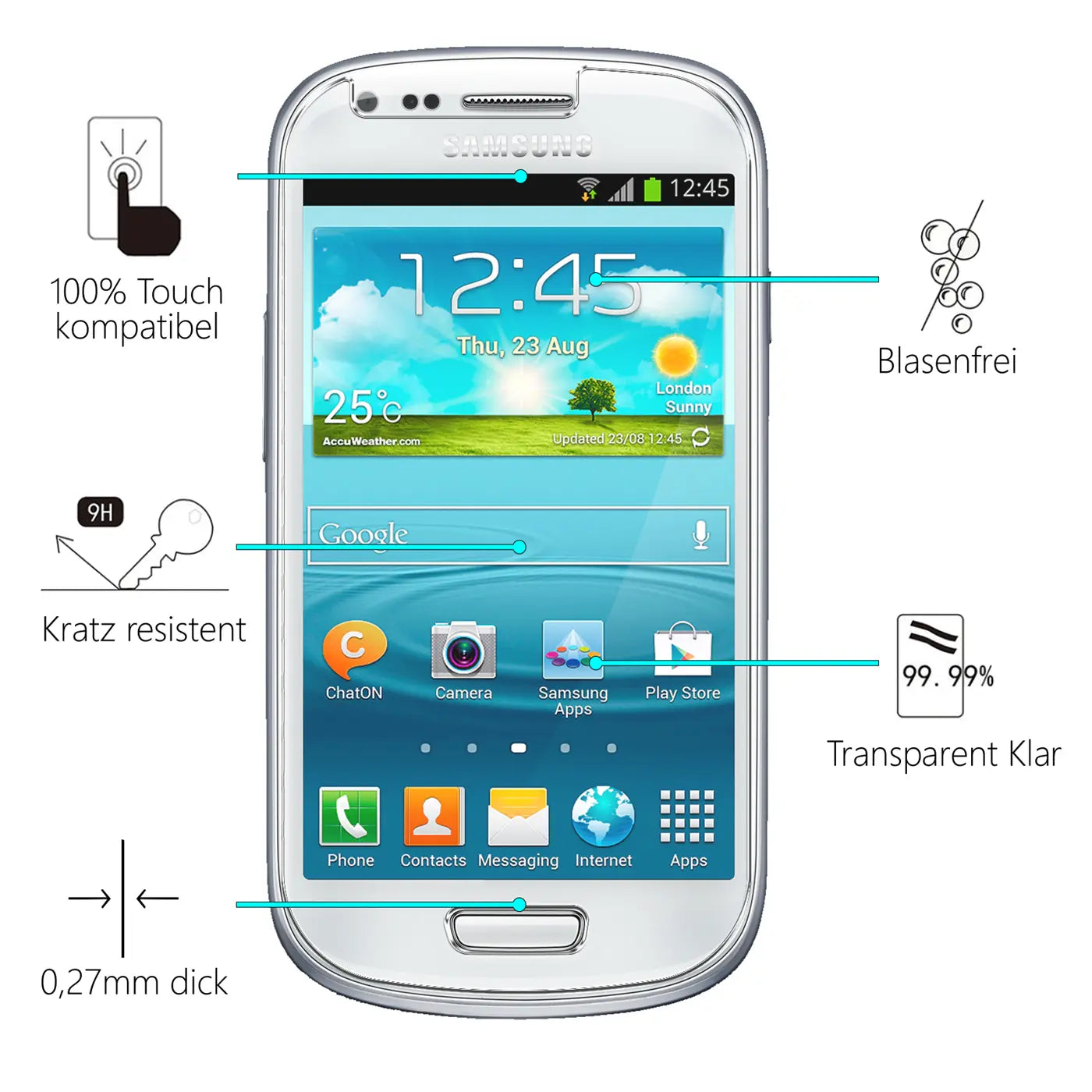 Weißes Samsung Galaxy S3 Mini von vorne, mit Panzerglas-Displayschutz und Eigenschafts-Pfeilen.