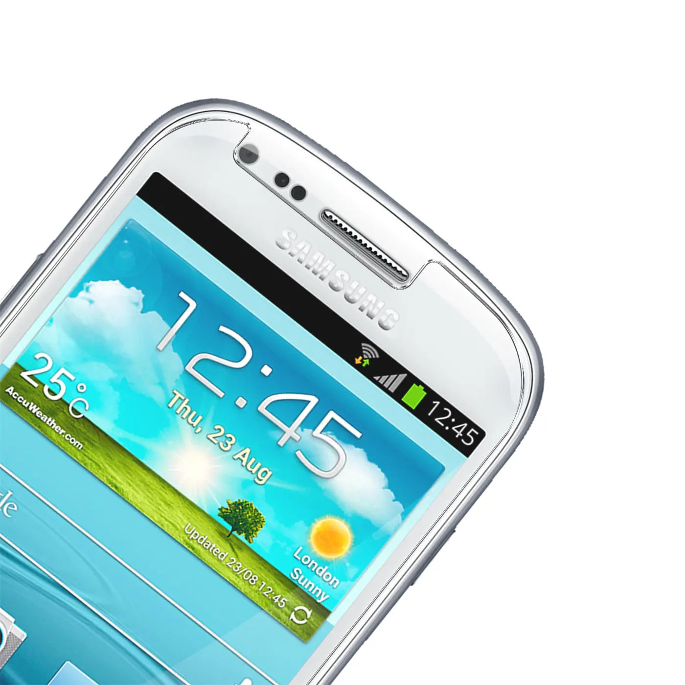 Nahaufnahme eines weißen Samsung Galaxy S3 Mini Smartphones, schräg von oben, mit Display-Anzeige.
