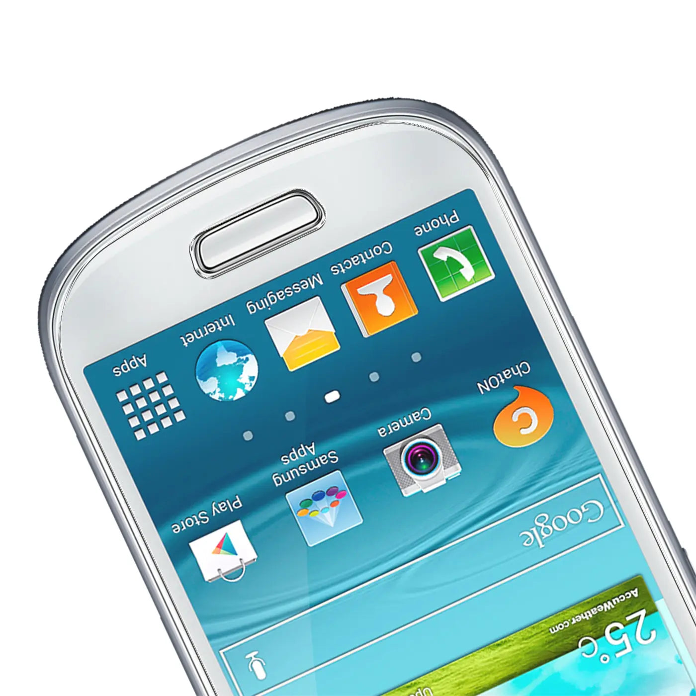 Nahaufnahme des oberen Bereichs eines weißen Samsung Galaxy S3 Mini Smartphones mit Display und Apps, schräg von oben.