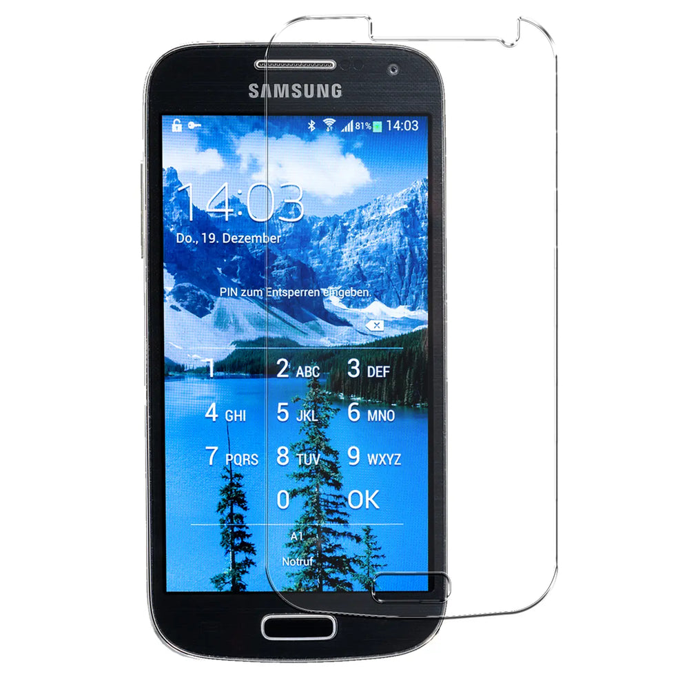Schwarz-silbernes Samsung Galaxy S4 von vorne mit transparentem Panzerglas-Displayschutz aus Glas.
