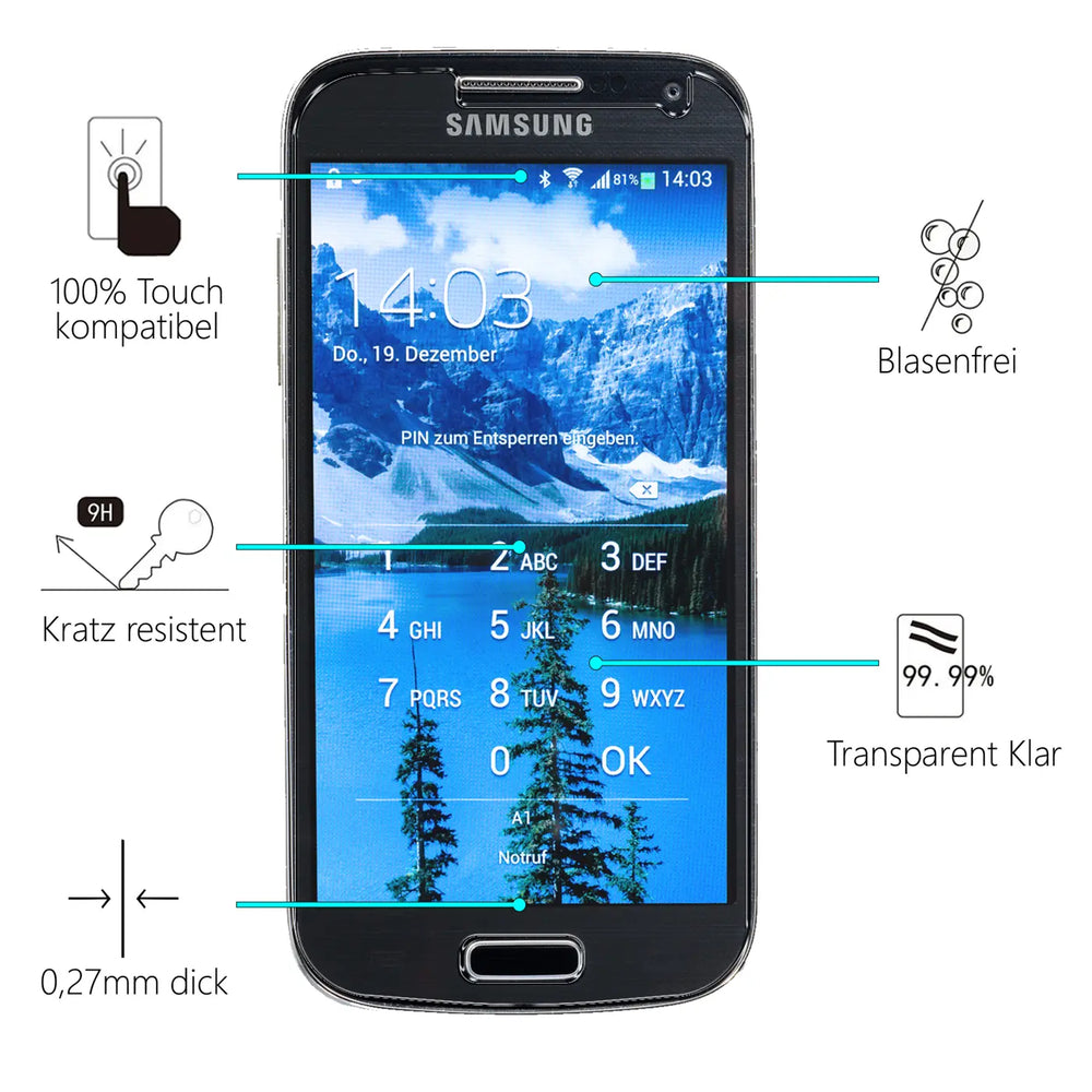 Schwarzes Samsung Galaxy S4 von vorne mit entsperrtem Display und Infos zu Panzerglas-Eigenschaften.