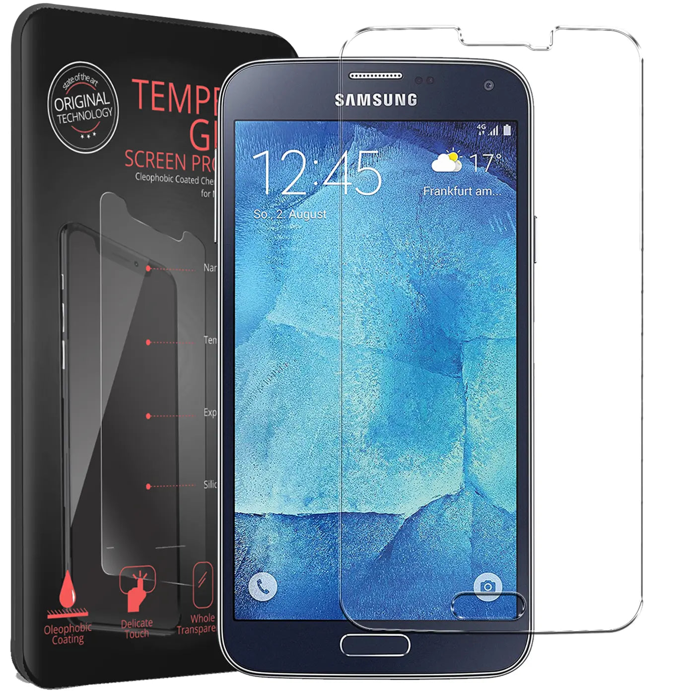 Schwarzes Samsung Galaxy S5/S5 Neo mit angebrachtem transparenten Panzerglas und zweitem Glas daneben, frontal.