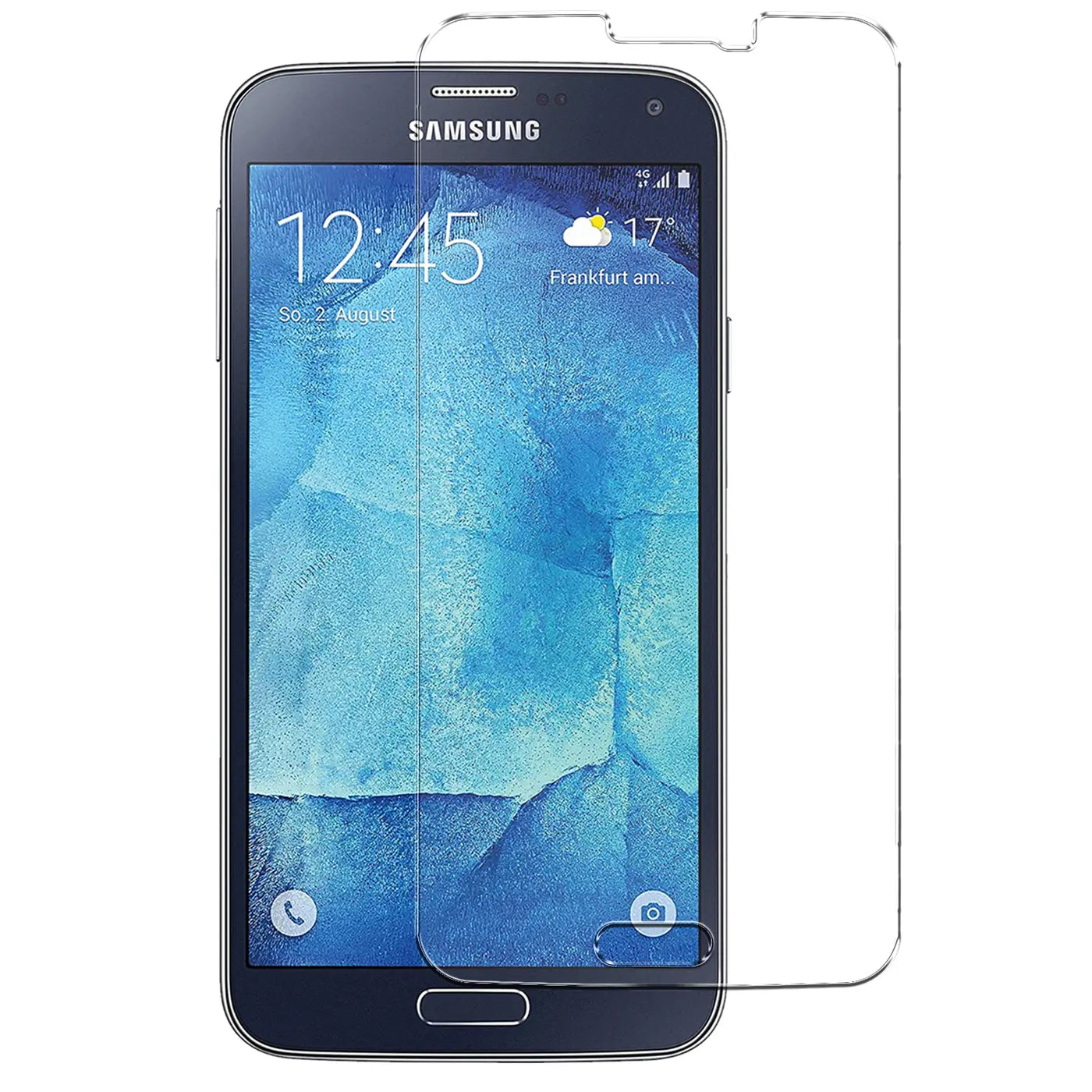 Ein klares Panzerglas-Displayschutz für Samsung Galaxy S5/S5 Neo, schräg von oben rechts auf einem schwarzen S5.