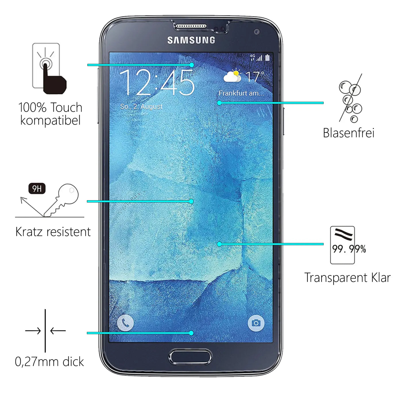 Samsung Galaxy S5 / S5 Neo mit transparentem Panzerglas Displayschutz, frontal, mit Eigenschaften wie "Kratz resistent".