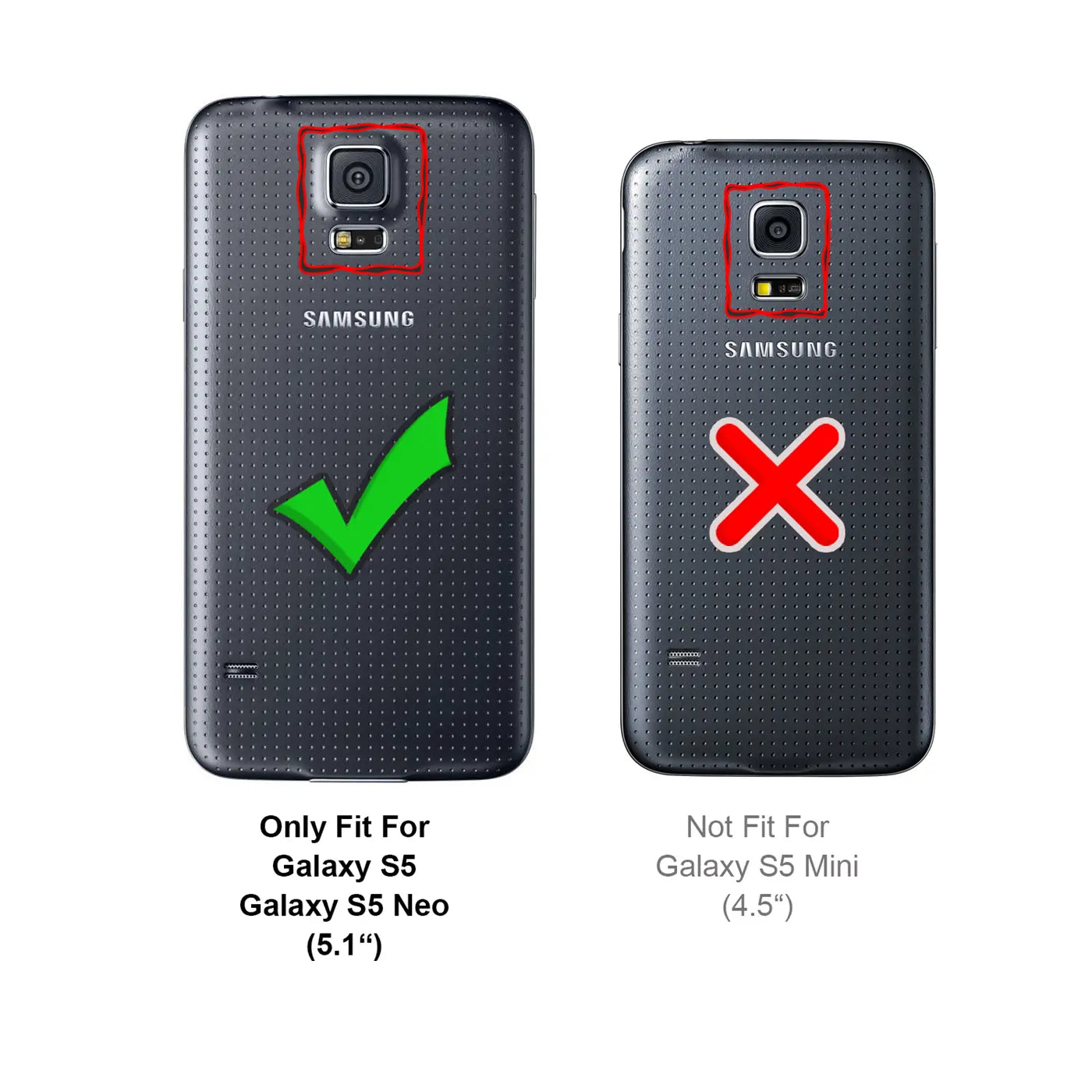Rückseite von zwei schwarzen Samsung Galaxy S5/S5 Neo Handys, mit Kamera und Blitz, von oben.