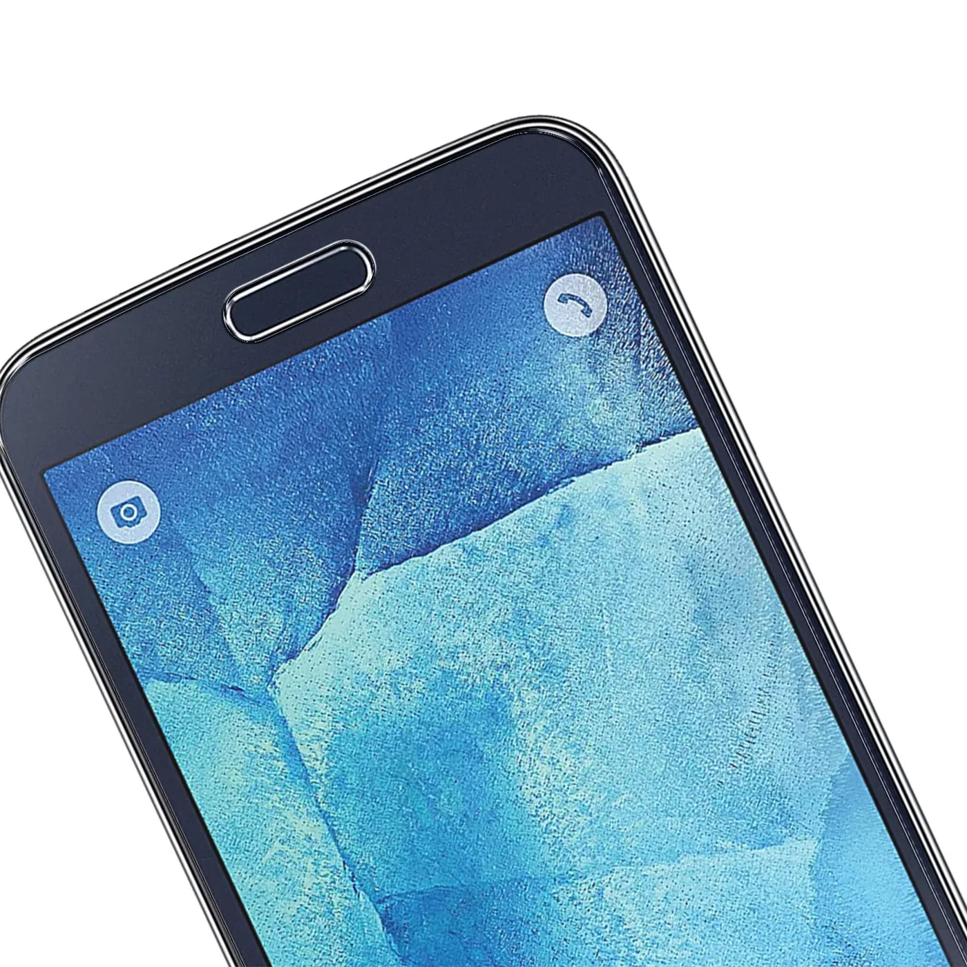 Nahaufnahme des oberen rechten Bereichs eines schwarzen Samsung Galaxy S5/S5 Neo mit blauem Display-Hintergrund.