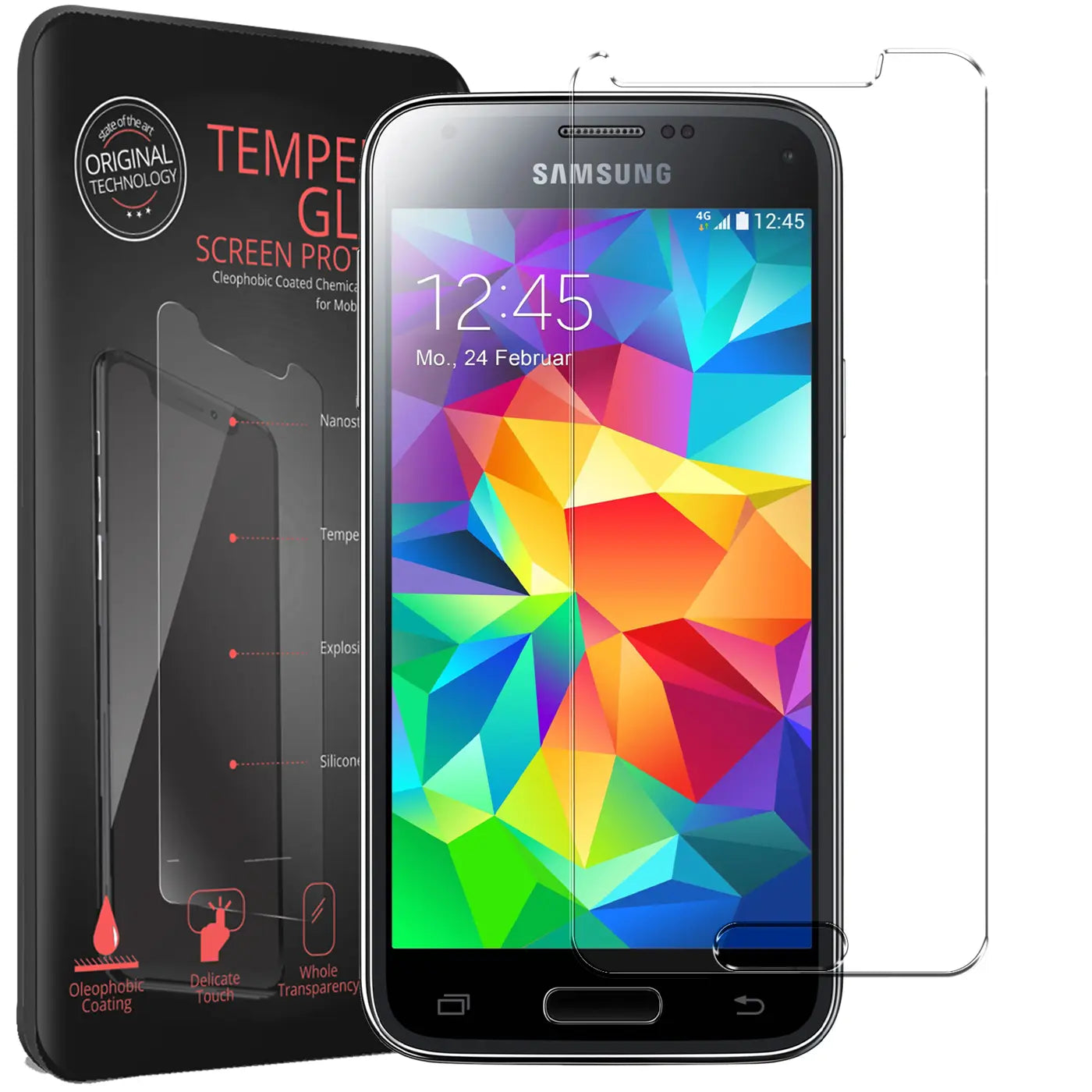 Schwarzes Samsung Galaxy S5 Mini mit buntem Display, daneben 2 transparente Panzerglas-Displayschutzfolien und Verpackung.