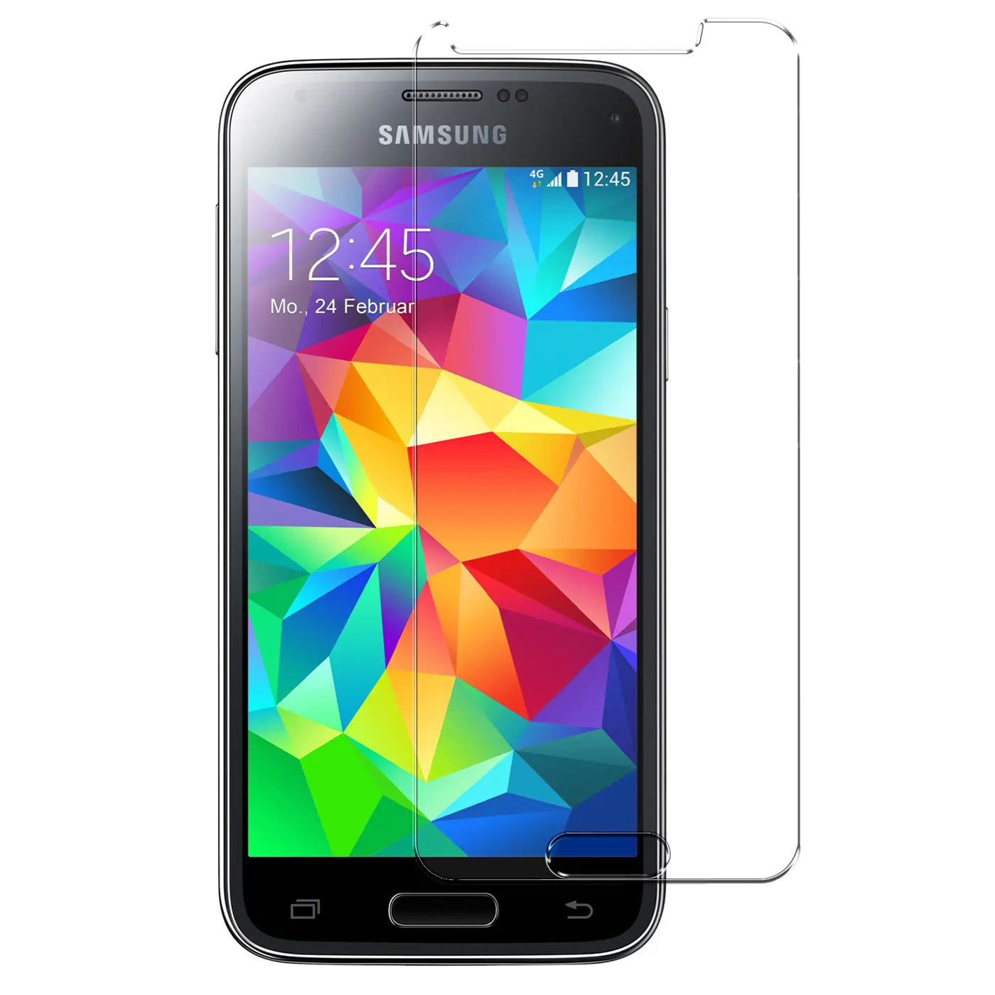 Samsung Galaxy S5 Mini mit schwarzem Rahmen, von vorne. Zwei transparente Panzerglas-Displayschutzfolien liegen daneben.