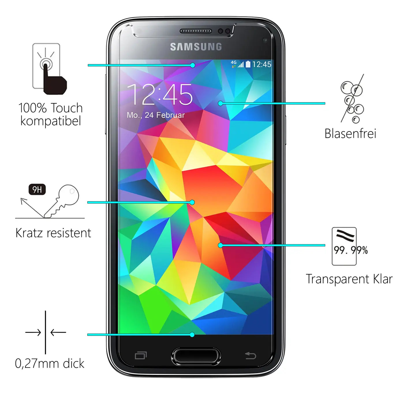 Schwarzes Samsung Galaxy S5 Mini von vorne mit farbigem Display und blauen Linien zu Eigenschaften des Panzerglases.