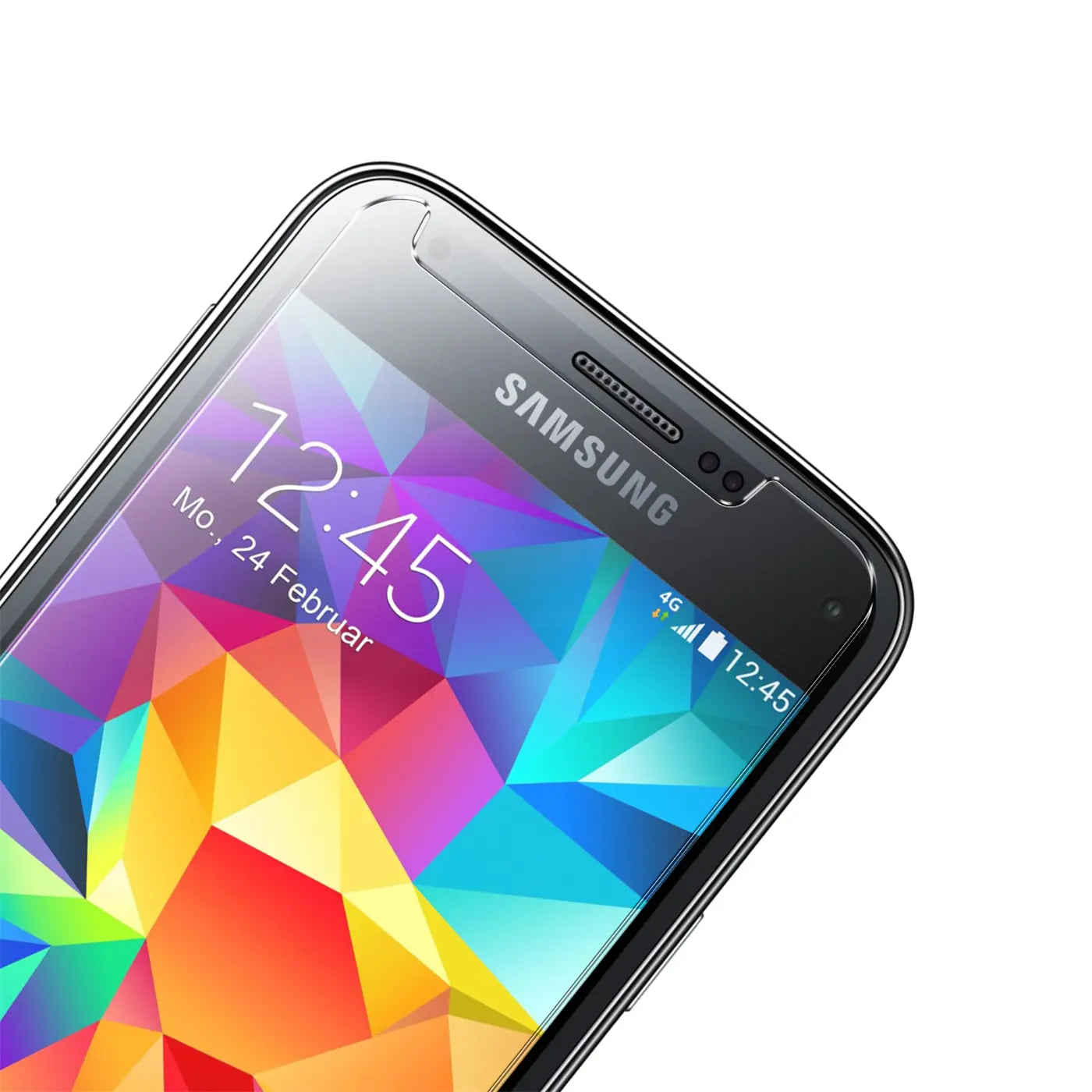 Nahaufnahme eines schwarzen Samsung Galaxy S5 Mini mit Panzerglas-Displayschutz, schräg von oben.