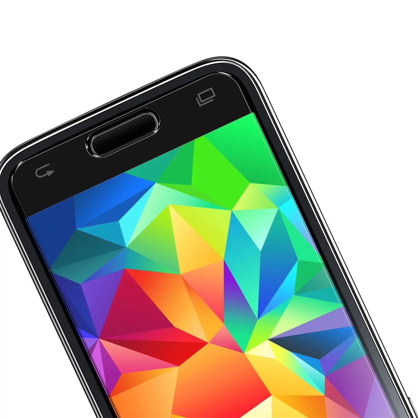 Nahaufnahme eines Samsung Galaxy S5 Mini mit schwarzem Rahmen und farbigem Display, schräg von oben rechts.