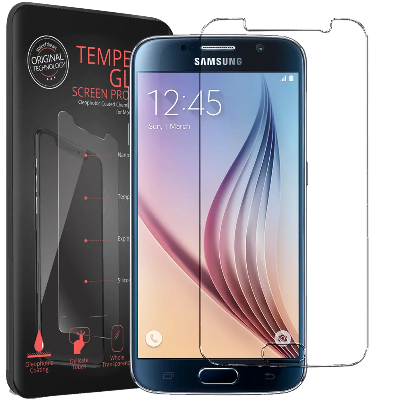 Schwarze Verpackung, blaues Samsung Galaxy S6 mit aufgelegtem, transparentem Panzerglas und ein weiteres daneben.