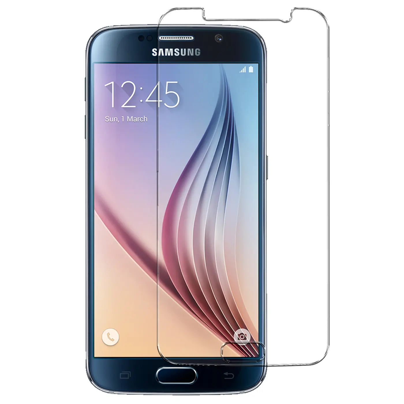 Klares Panzerglas auf einem schwarzen Samsung Galaxy S6, frontal, mit Aussparungen für Kamera und Home-Button.