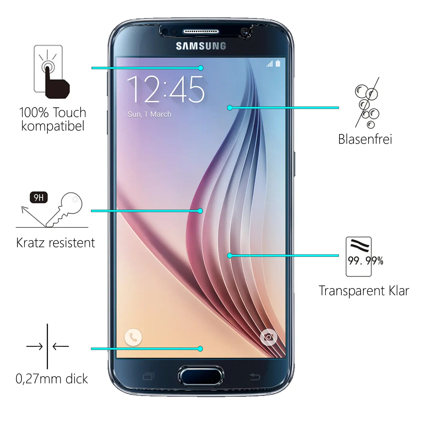 Schwarzes Samsung Galaxy S6 von vorne, mit blauem Displayschutz und Infografiken zu den Eigenschaften (Kratzfest.