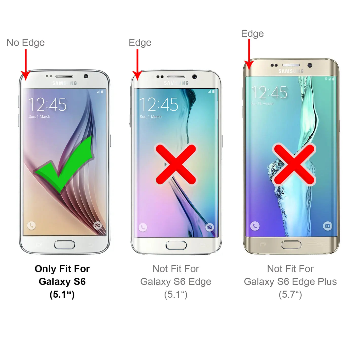 Drei Samsung Galaxy S6 Modelle in Silber und Gold, von vorne. Links mit grünem Haken, Mitte und Rechts mit rotem X.