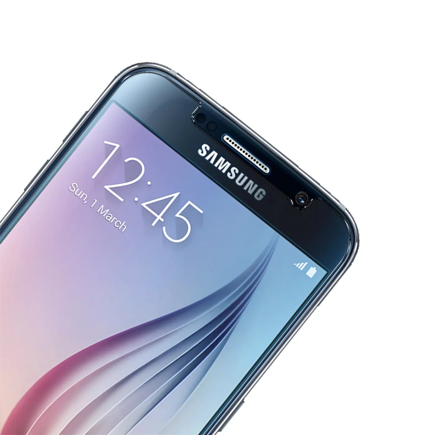 Nahaufnahme des oberen Teils eines schwarzen Samsung Galaxy S6 Smartphones, schräg von oben.