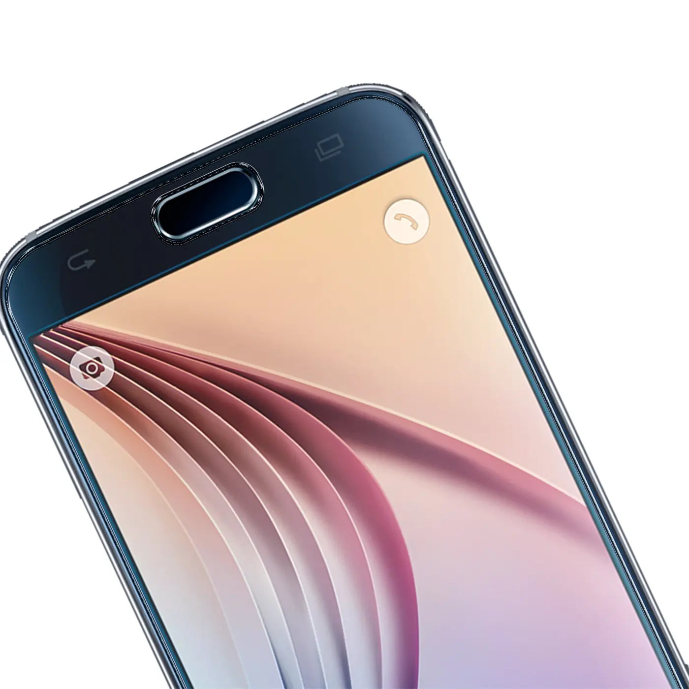 Nahaufnahme eines Samsung Galaxy S6 in Dunkelblau mit Panzerglas-Displayschutz, schräg von oben.