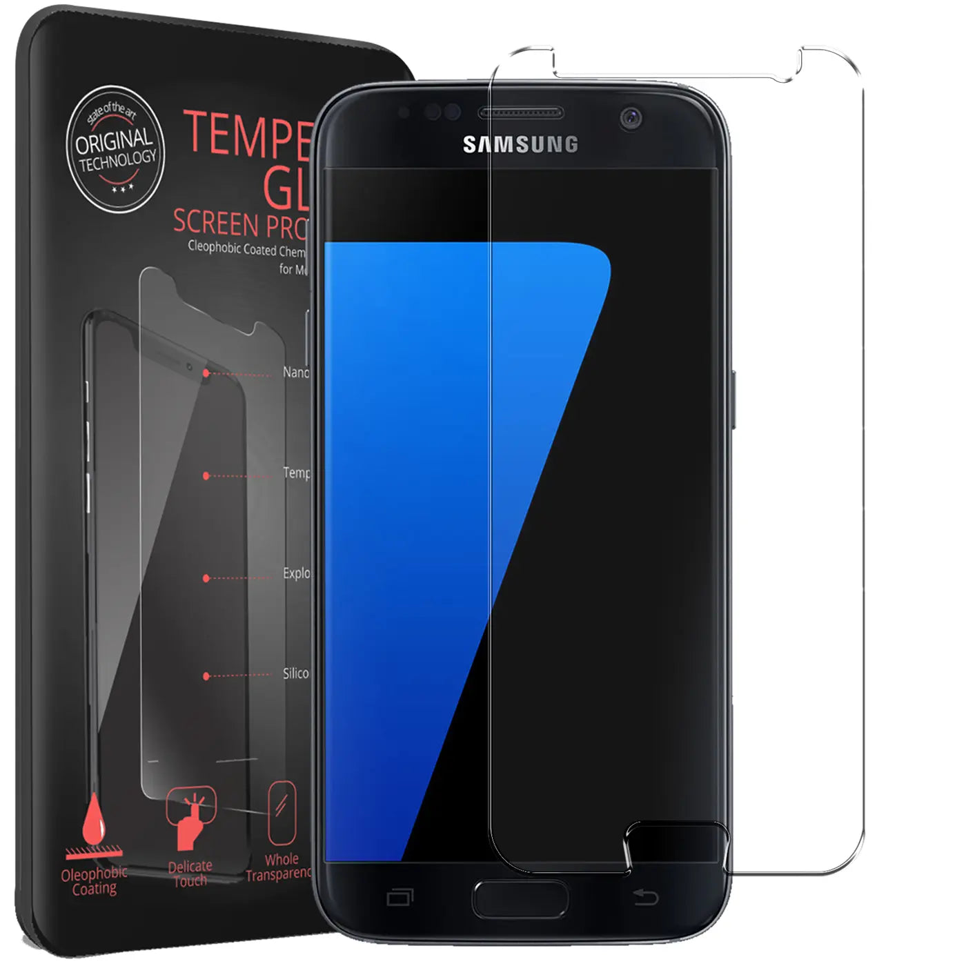 Schwarzes Samsung Galaxy S7 mit angebrachtem Panzerglas Displayschutz und einem weiteren daneben, von vorne.
