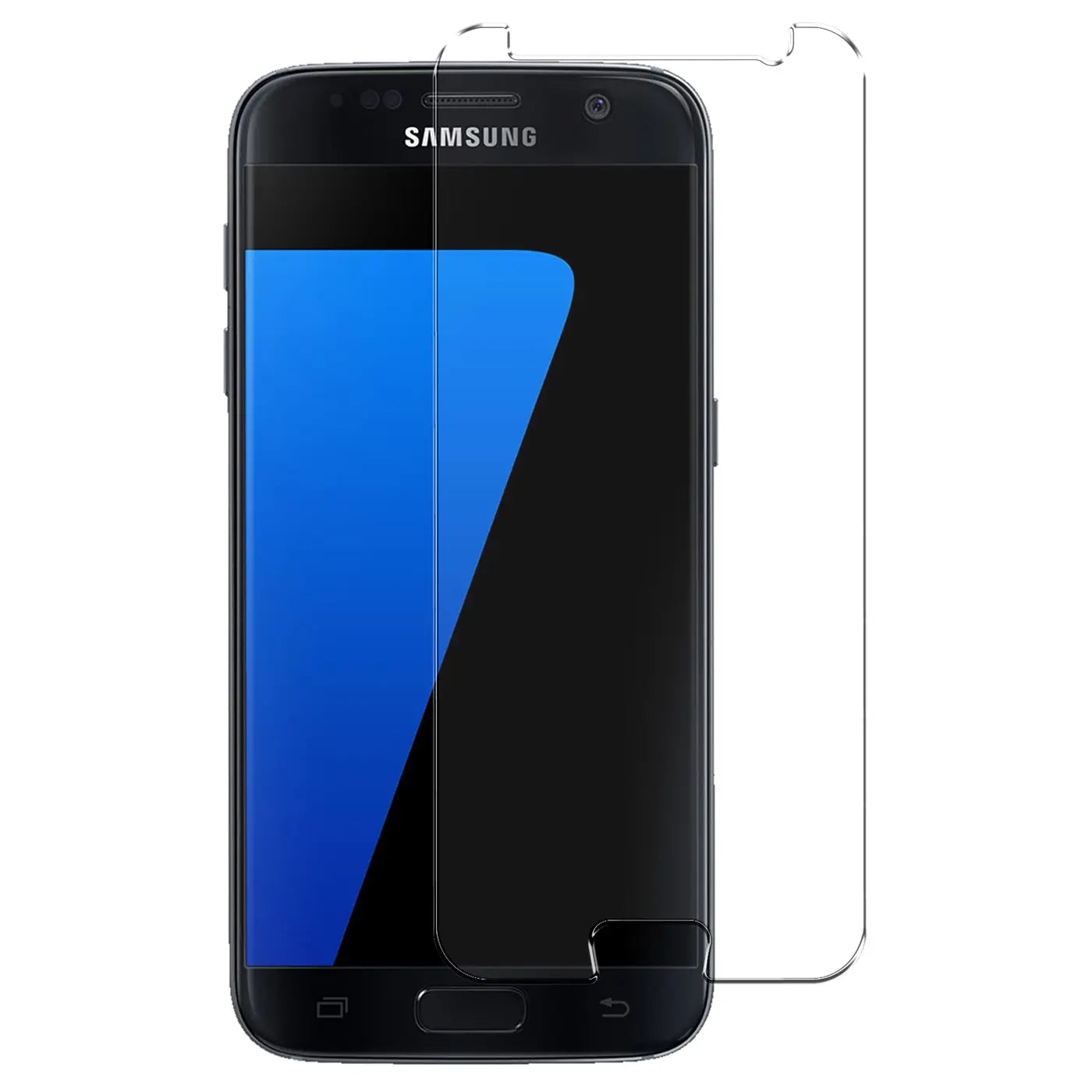 Schwarzes Samsung Galaxy S7 von vorne, mit einem transparenten Panzerglas-Displayschutz daneben und einem teilweise.