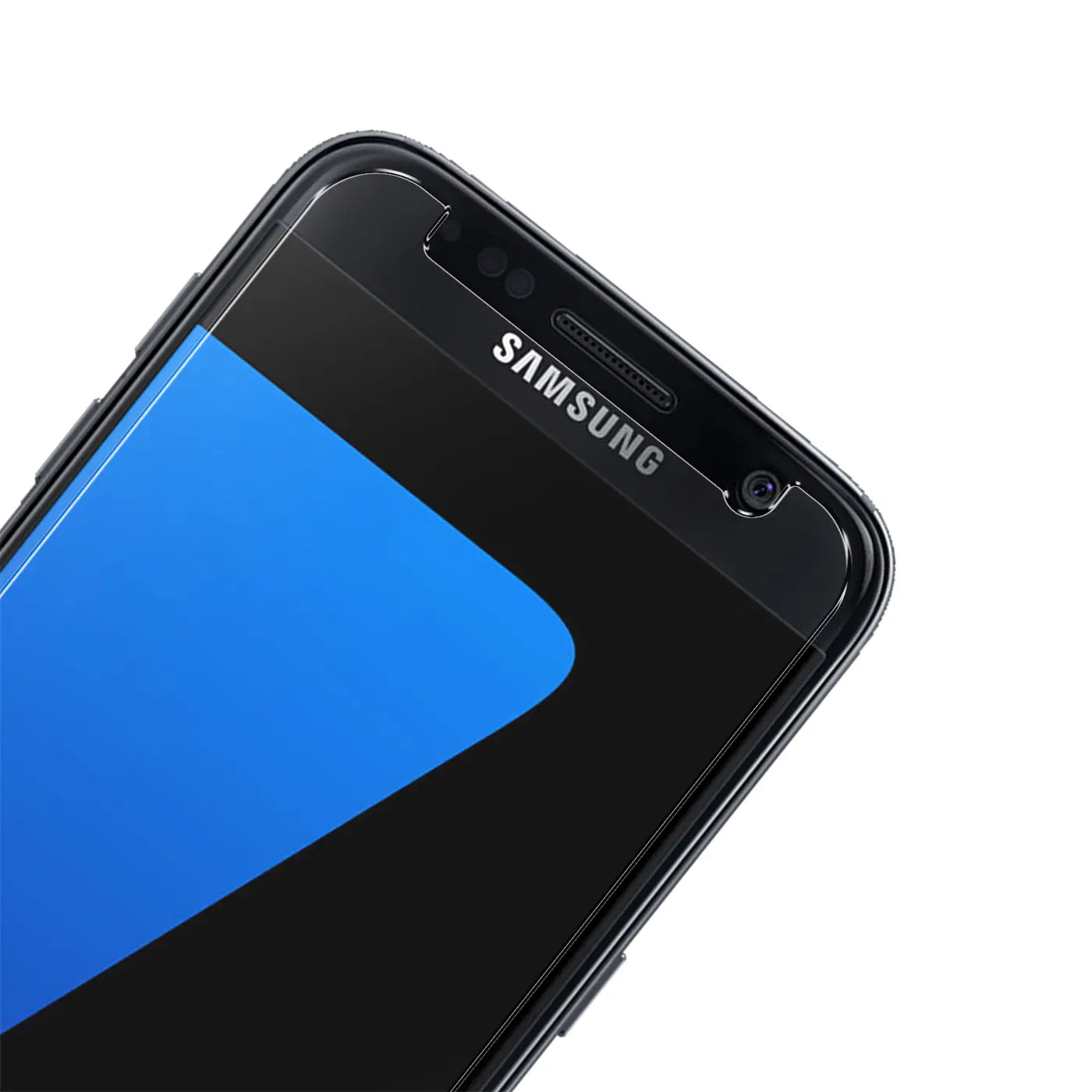 Schwarzes Samsung Galaxy S7 mit klarem Panzerglas-Displayschutz, schräg von oben rechts auf das Display blickend.