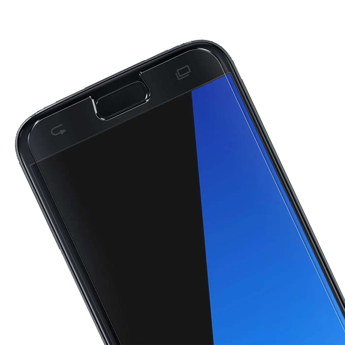 Nahaufnahme eines schwarzen Samsung Galaxy S7 mit transparentem Panzerglas-Displayschutz, schräg von oben.