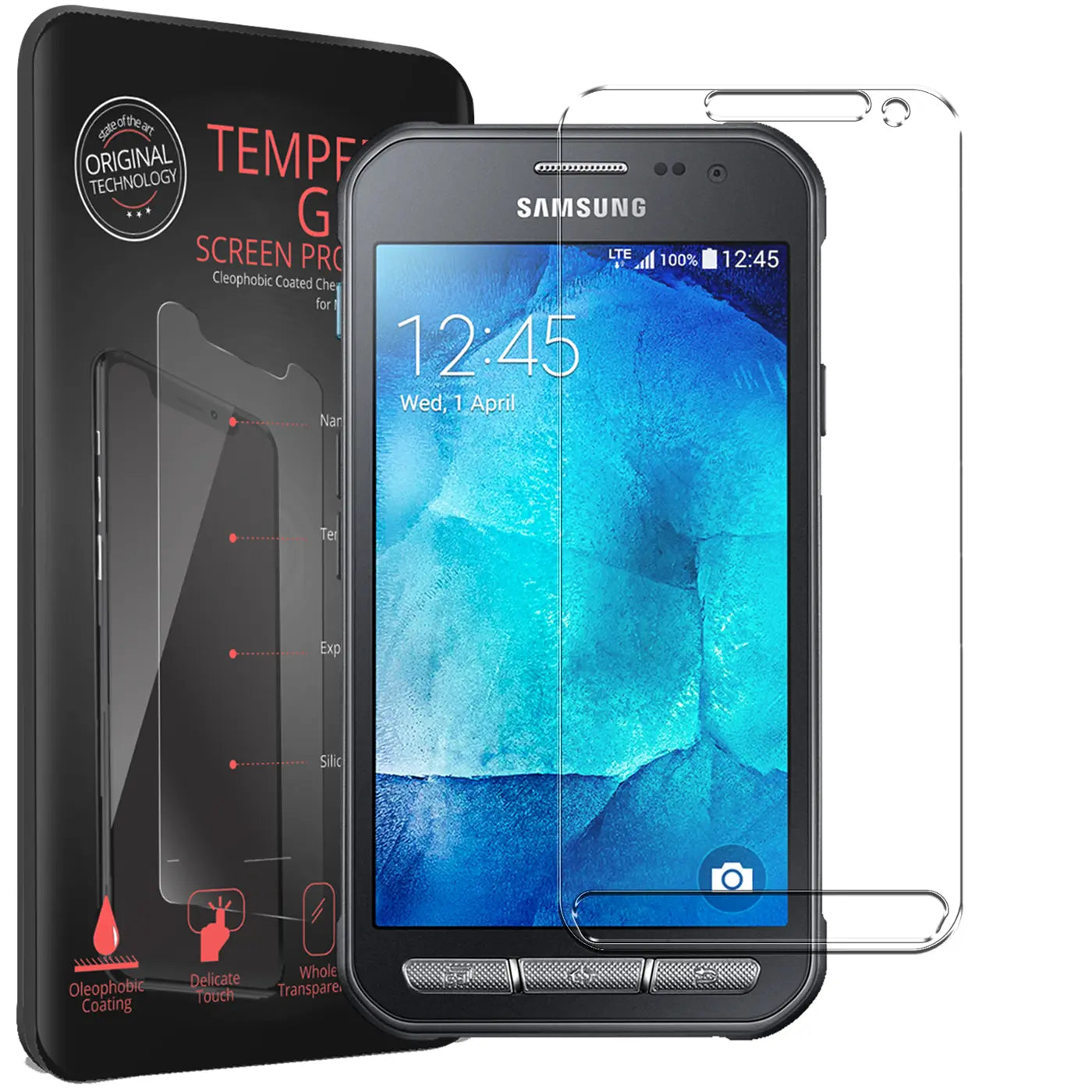 Schwarzes Samsung Galaxy Xcover 3 mit aufgelegtem, transparentem Panzerglas und Verpackung von oben rechts.