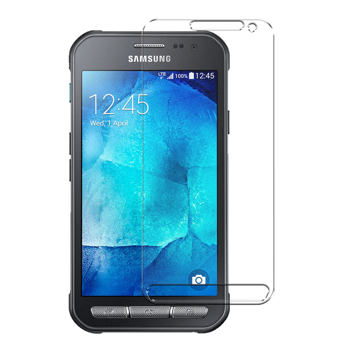 Samsung Galaxy Xcover 3 Handy mit transparentem Panzerglas-Displayschutz, schräg von vorne, auf weißem Hintergrund.