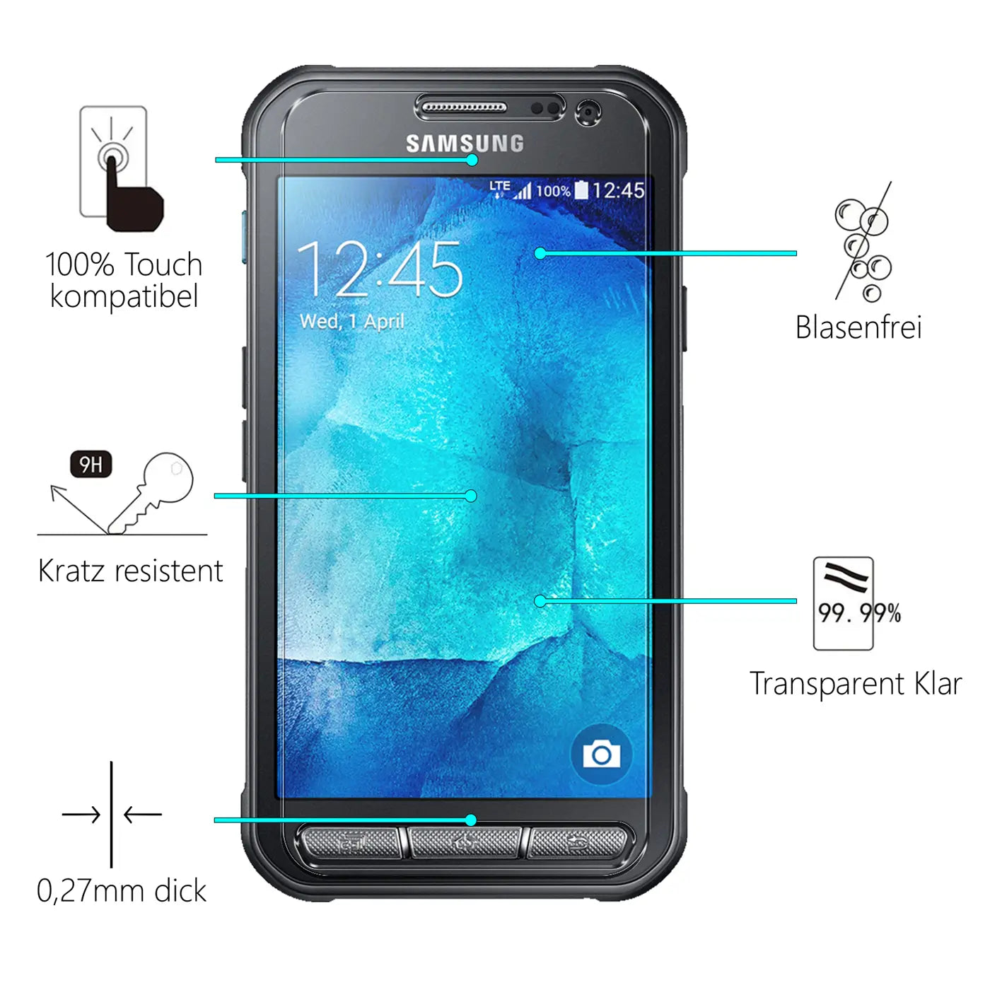 Schwarzes Samsung Galaxy Xcover 3 Smartphone mit transparentem Displayschutz aus Glas, frontal auf weißem Hintergrund.
