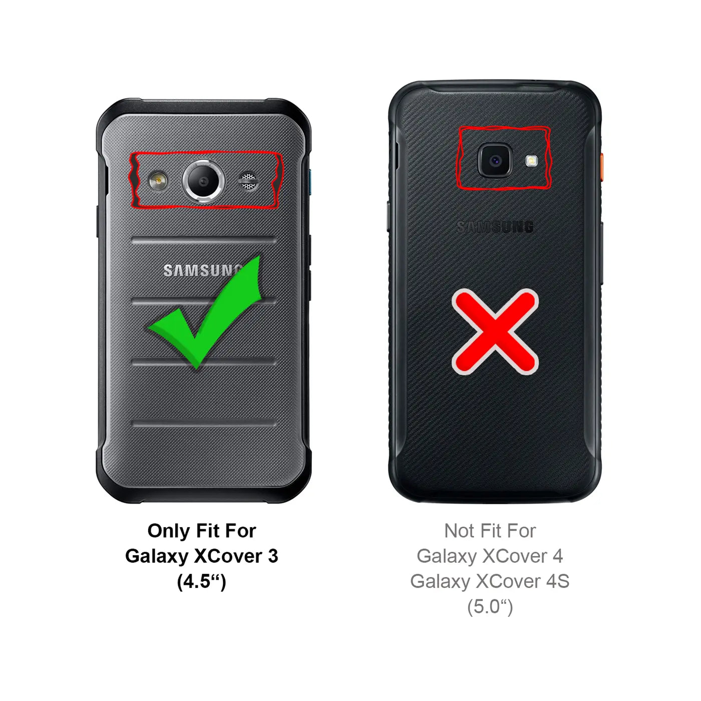 Rückseite eines grauen Samsung Galaxy Xcover 3 mit grünem Haken und eines schwarzen Xcover 4 mit rotem X.