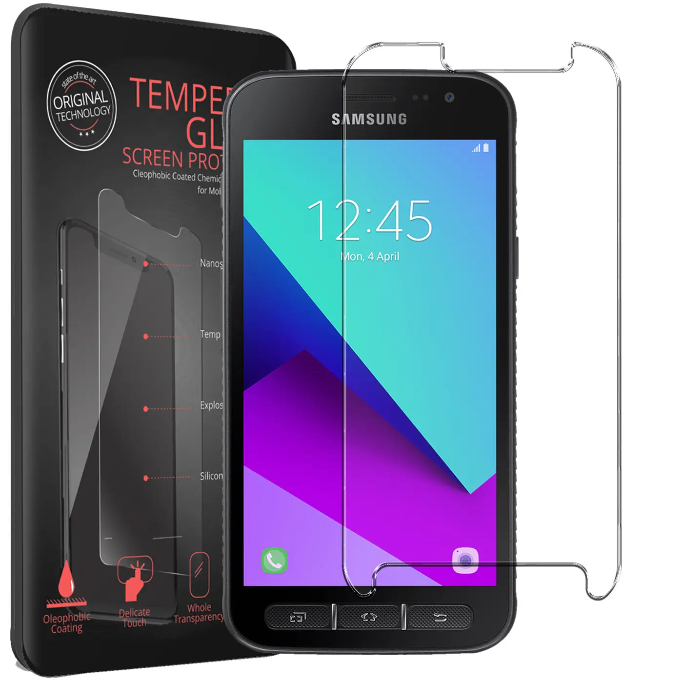 Schwarzes Samsung Galaxy Xcover 4 von vorne mit transparentem Panzerglas-Displayschutz und schwarzer Verpackung.