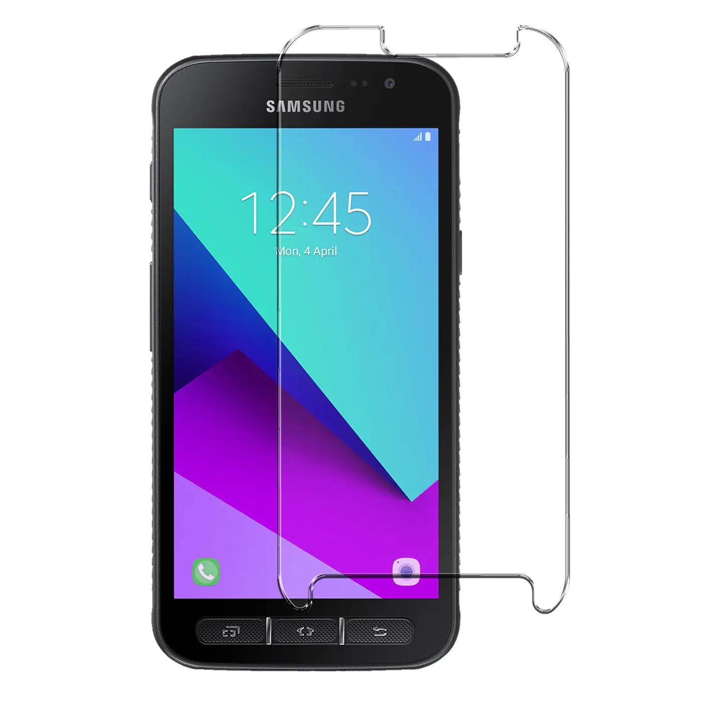 Schwarzes Samsung Galaxy Xcover 4 Smartphone mit transparentem Panzerglas Displayschutz, frontal, leicht nach rechts gekippt.