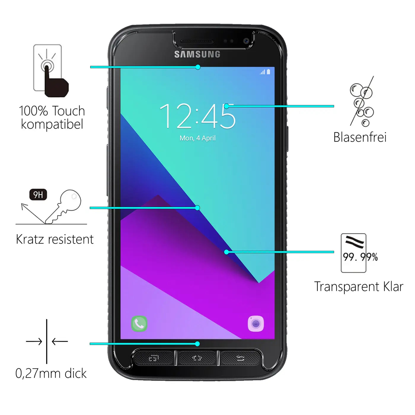 Schwarzes Samsung Galaxy Xcover 4 Smartphone, frontal, mit Panzerglas-Eigenschaften wie "Kratz resistent" und "Blasenfrei".