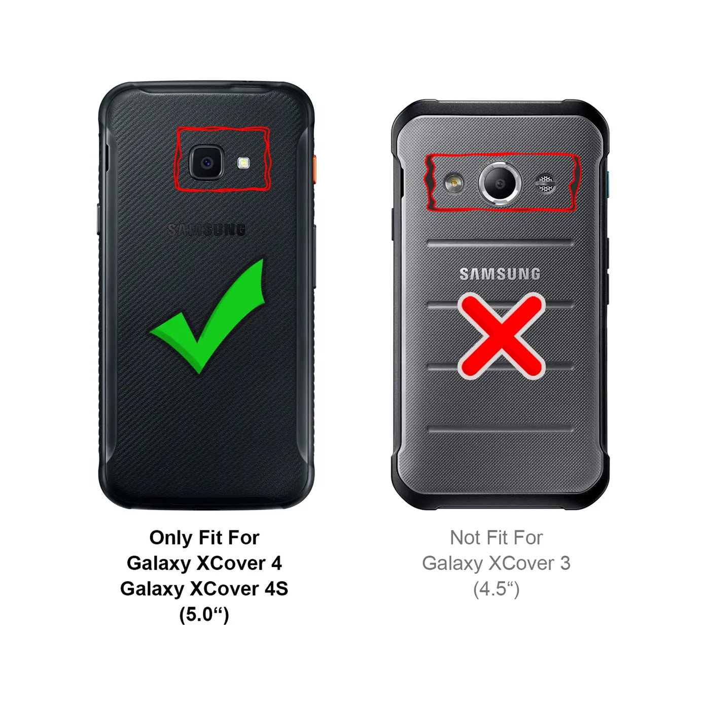 Rückseiten von zwei schwarzen Samsung Galaxy Xcover Handys, links Modell 4/4S mit Haken, rechts Modell 3 mit Kreuz.