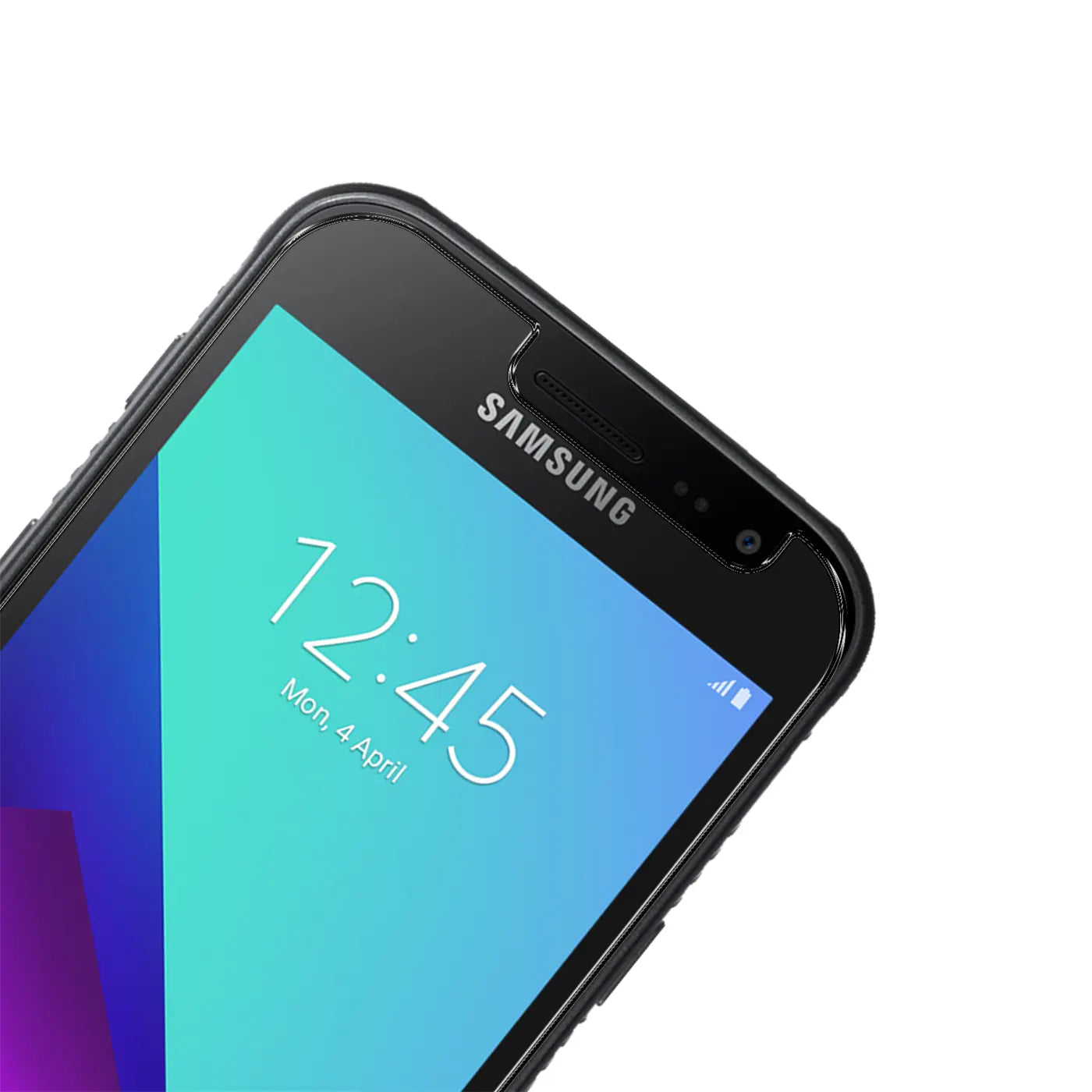 Oberer Teil eines schwarzen Samsung Galaxy Xcover 4 Smartphones mit blauem Display, schräg von oben rechts.