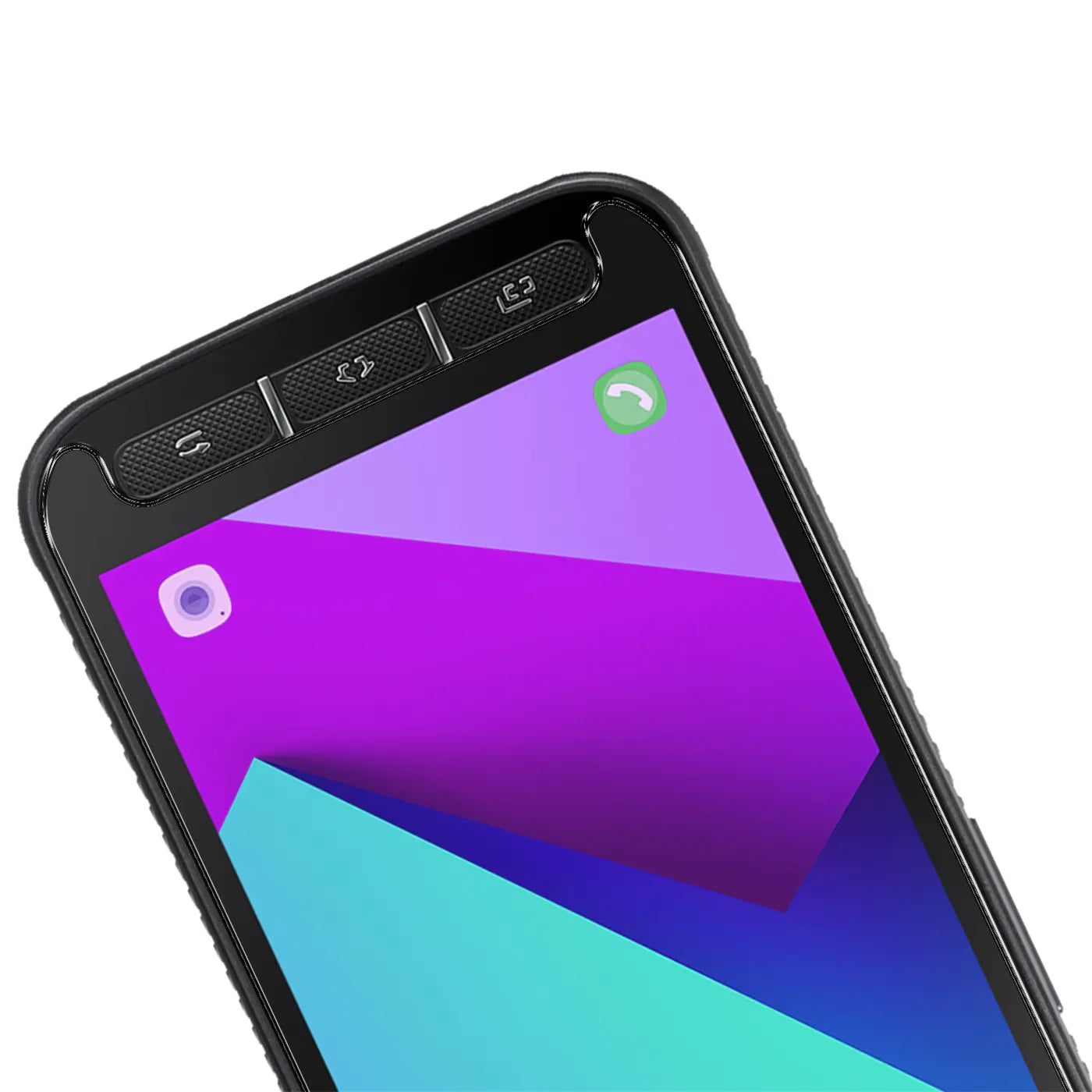 Nahaufnahme des oberen Bereichs eines schwarzen Samsung Galaxy Xcover 4 mit violett-blauem Display, schräg von oben.