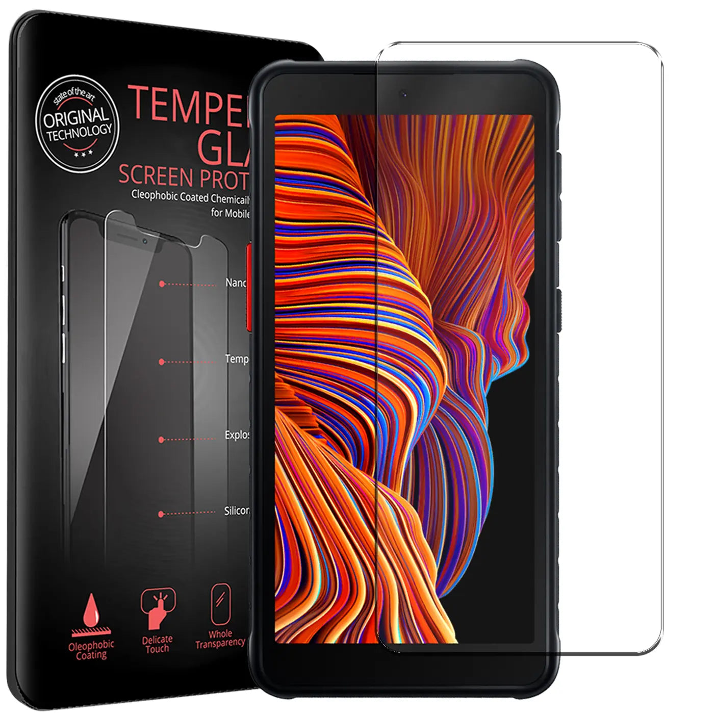 Schwarzes Samsung Galaxy XCover 5 mit buntem Display, daneben ein Panzerglas und die schwarze Verpackung.