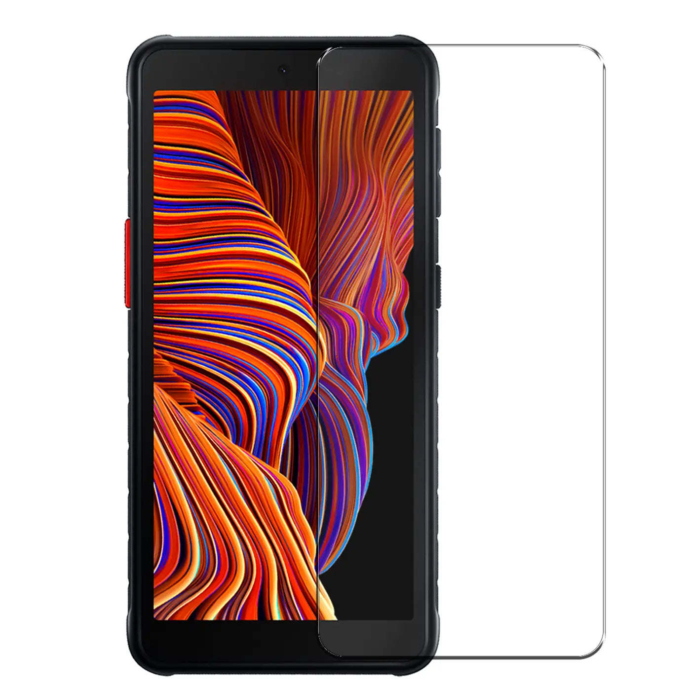 Schwarzes Samsung Galaxy XCover 5 mit rotem Knopf, von vorne, daneben ein transparentes Panzerglas.