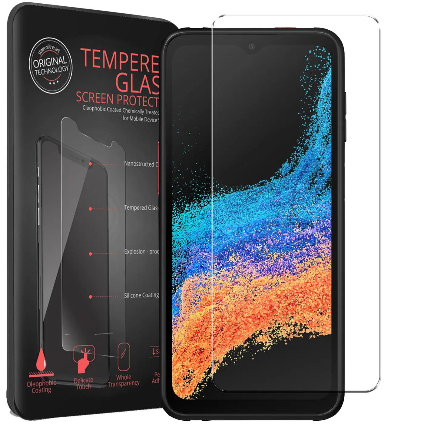Schwarzes Samsung Galaxy XCover 6 Pro mit buntem Display, daneben 2 transparente Panzerglas-Displayschutzfolien.