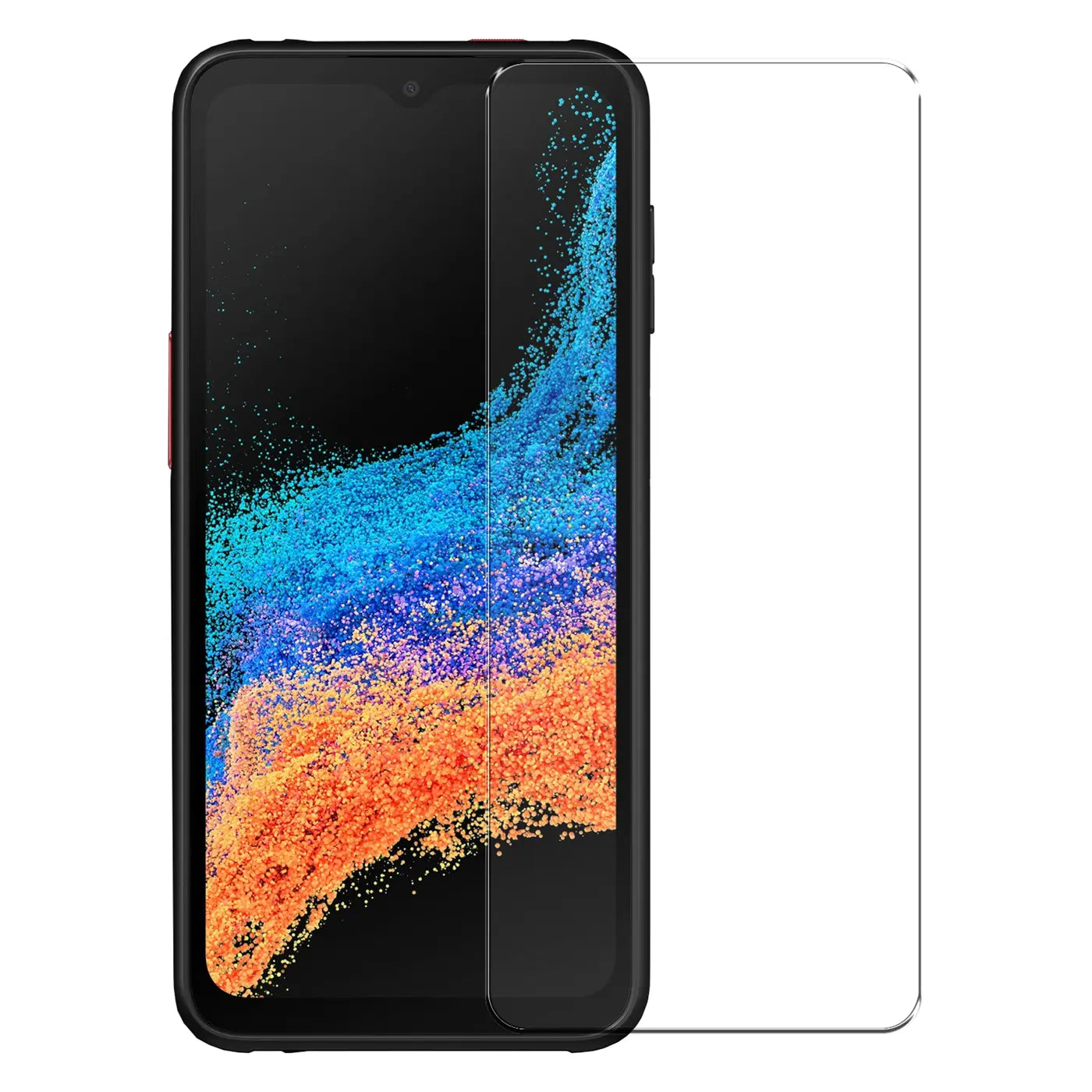Schwarzes Samsung Galaxy XCover 6 Pro Handy mit transparentem Panzerglas-Displayschutz von vorne, leicht schräg.