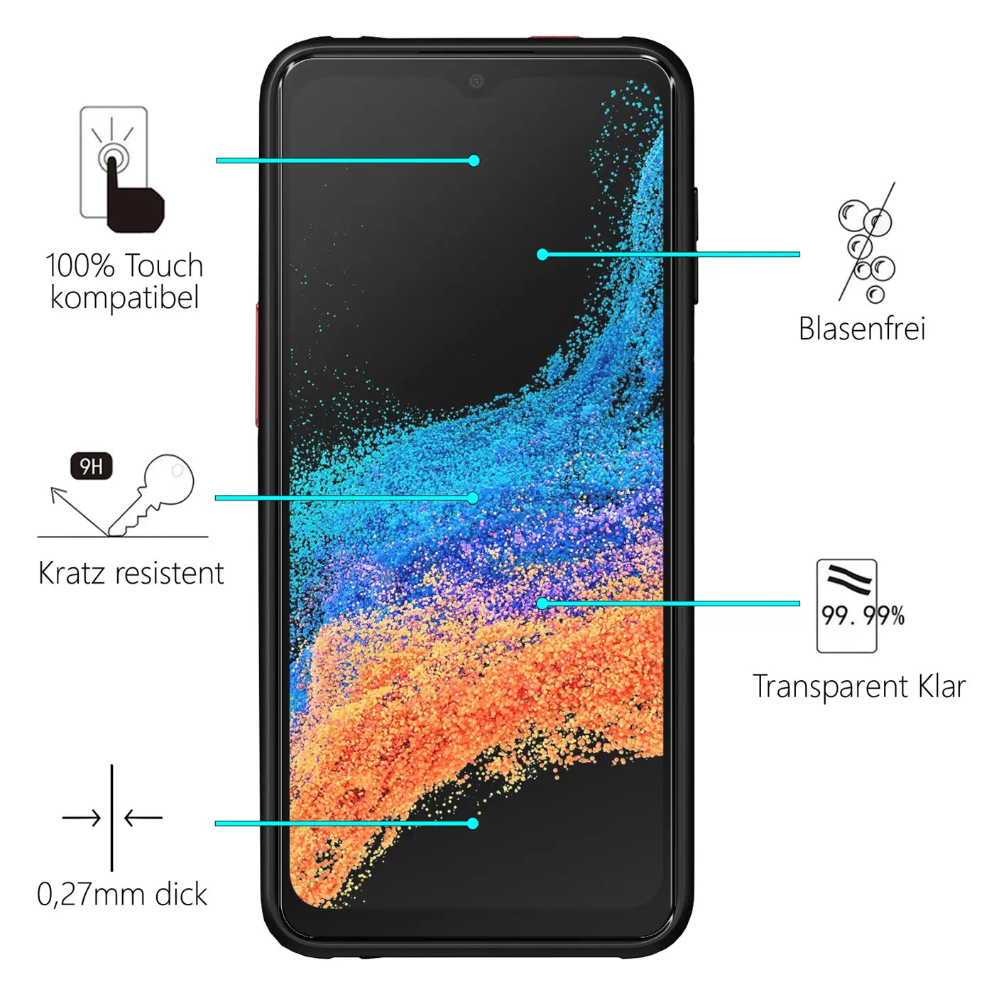 Samsung Galaxy XCover 6 Pro mit Displayschutz aus transparentem Glas, frontal, umgeben von Produktmerkmal-Symbolen.