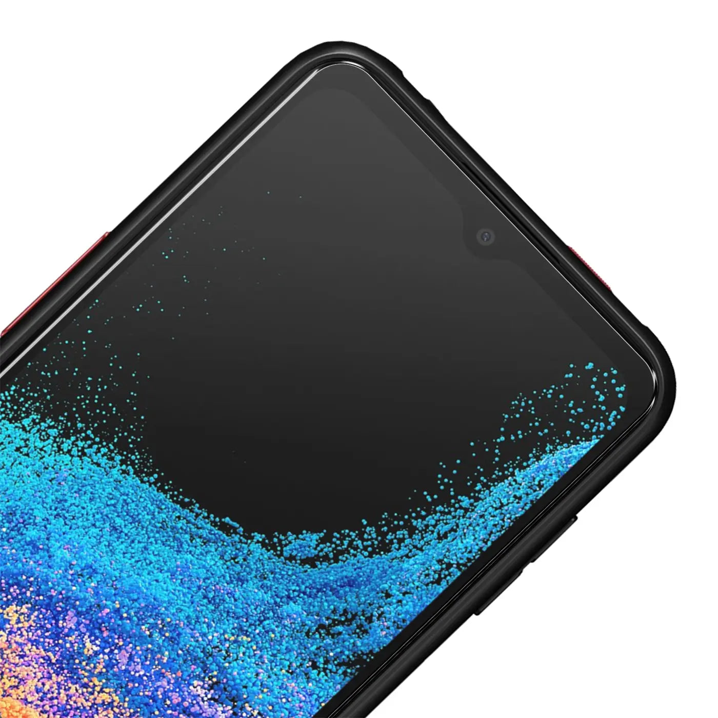 Schrägansicht des oberen Bereichs eines Samsung Galaxy XCover 6 Pro mit schwarzem Rahmen und Displayschutz.