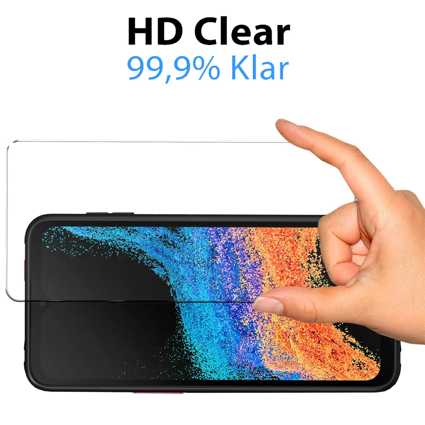 Hand hält transparentes Panzerglas über schwarzem Samsung Galaxy XCover 6 Pro Display mit buntem Hintergrund.