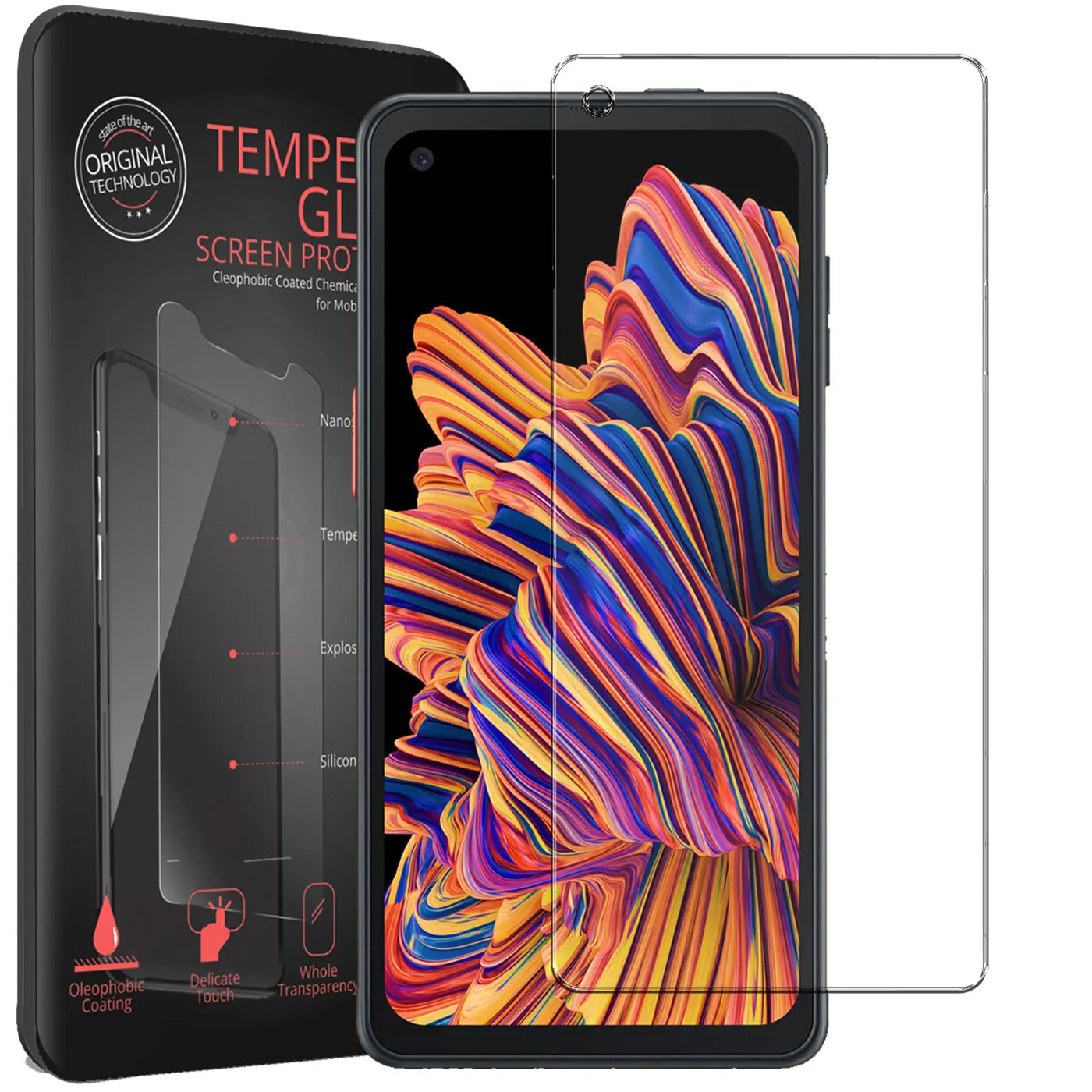 Schwarzes Samsung Galaxy Xcover Pro mit buntem Display, daneben ein Panzerglas-Displayschutz und die schwarze Verpackung.