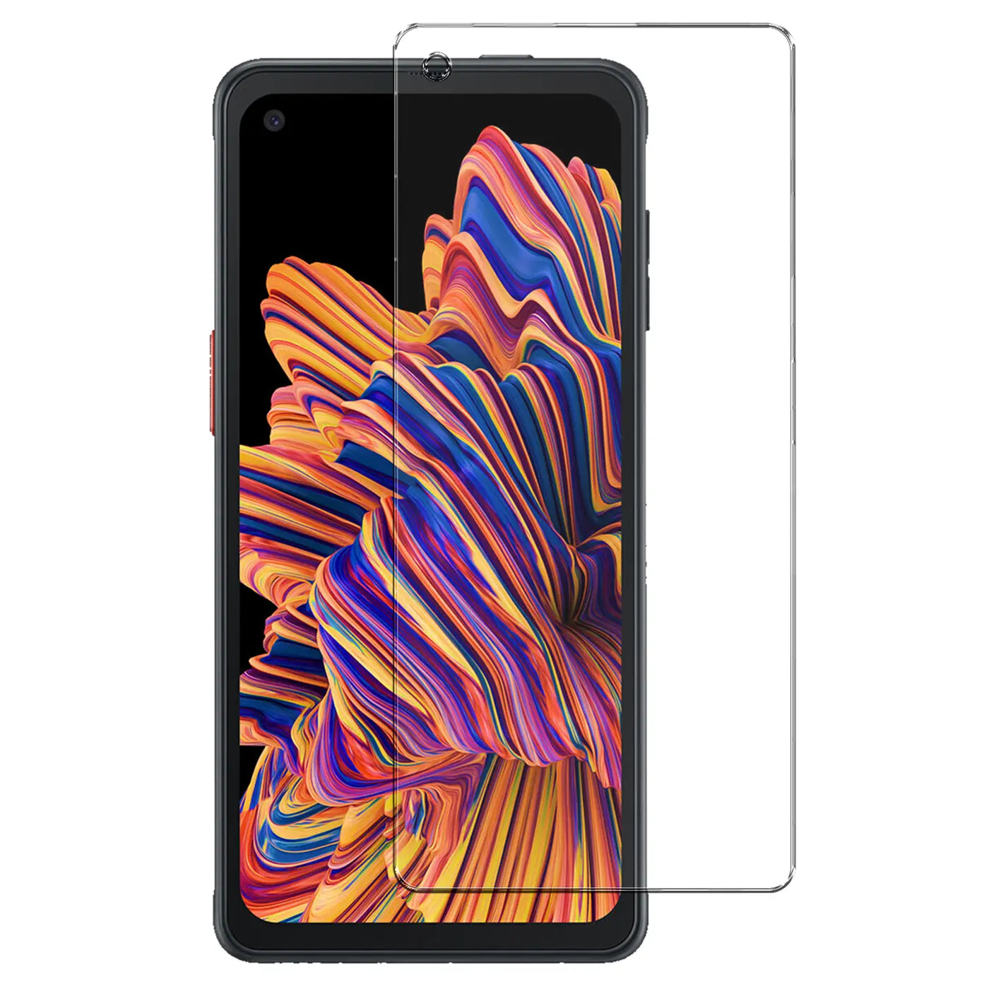 Samsung Galaxy Xcover Pro mit schwarzem Rahmen, Display mit bunten Wellen. Rechts daneben ein klares Panzerglas.