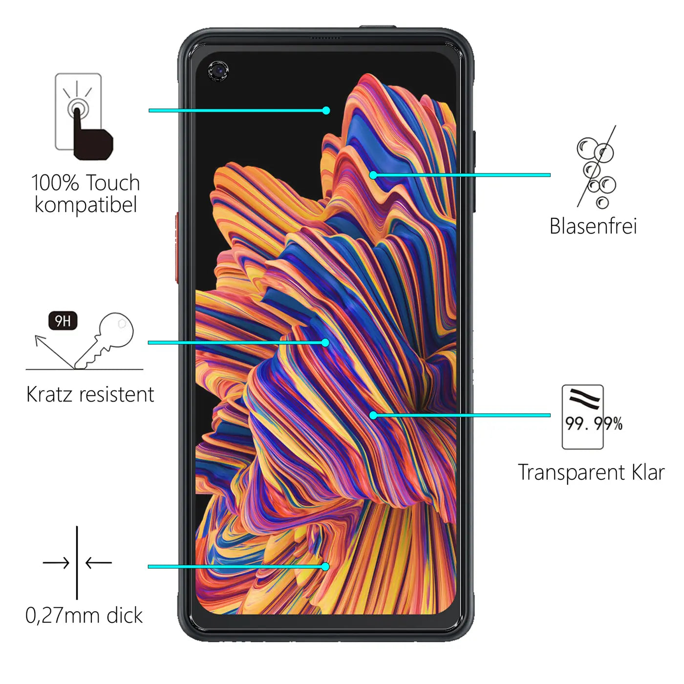 Samsung Galaxy Xcover Pro mit Panzerglas-Displayschutz, Frontansicht. Schwarzes Handy mit buntem Display, umgeben von Icons.